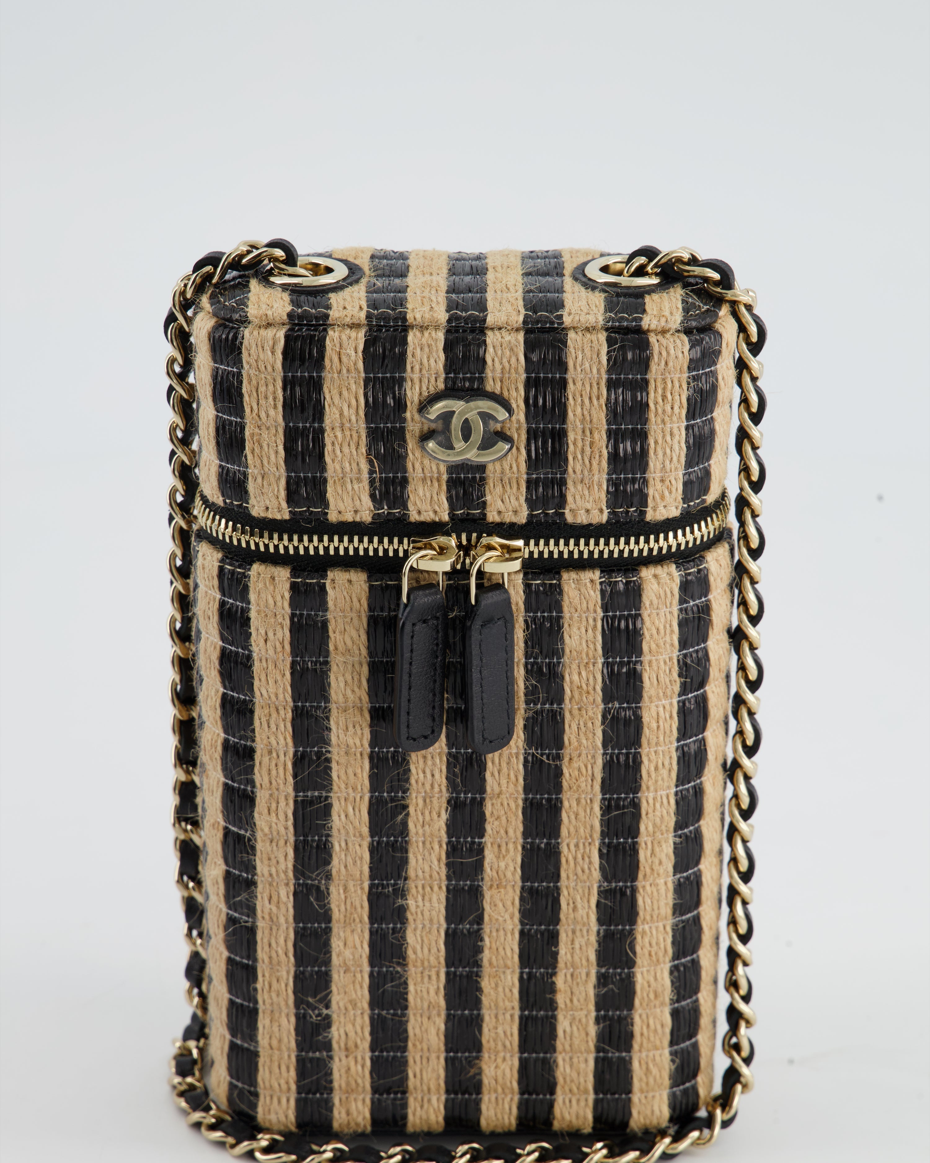 Chanel Raffia Vanity 21P Beige and Black Cross-Body Bag with Champagne Gold Hardware