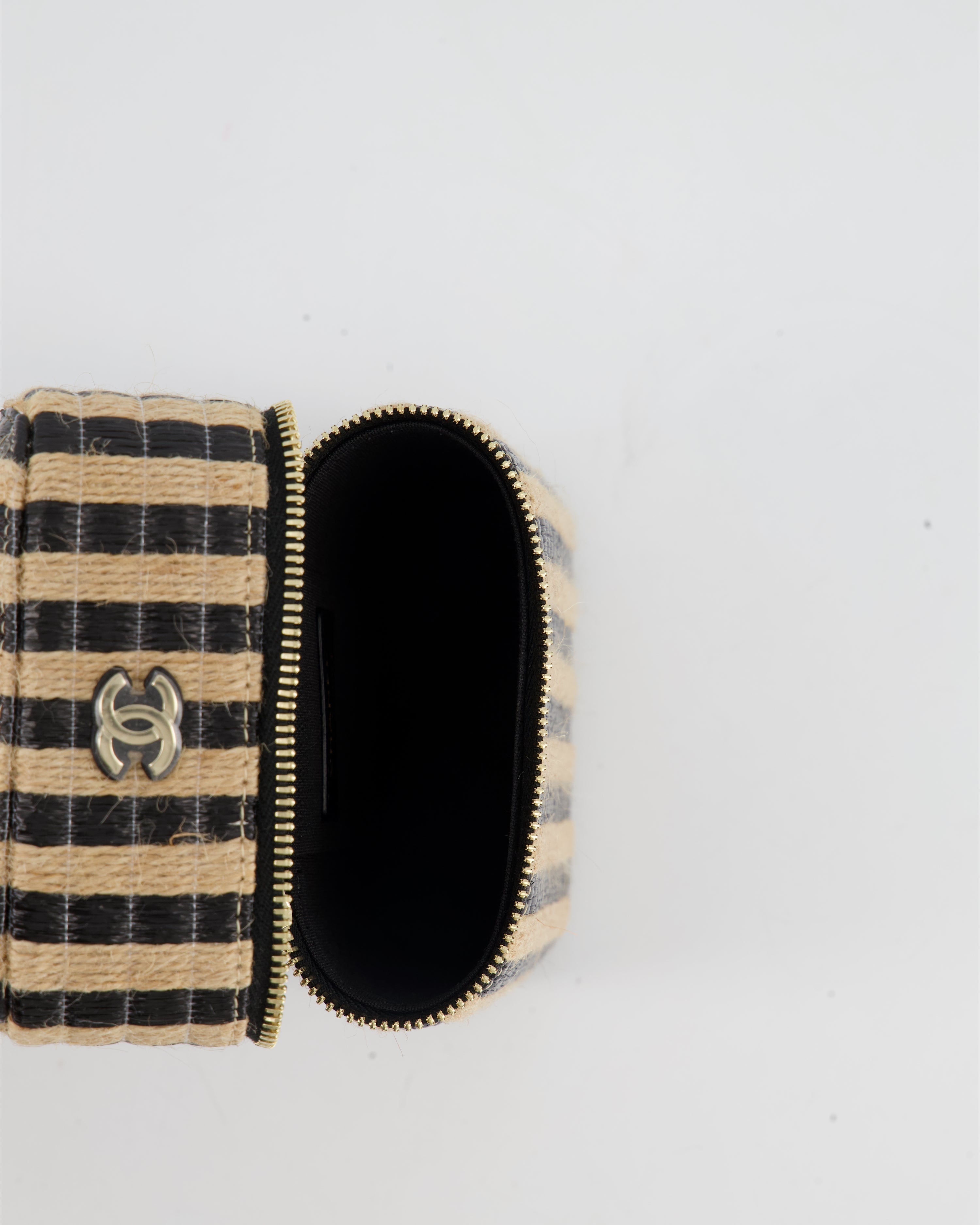 Chanel Raffia Vanity 21P Beige and Black Cross-Body Bag with Champagne Gold Hardware