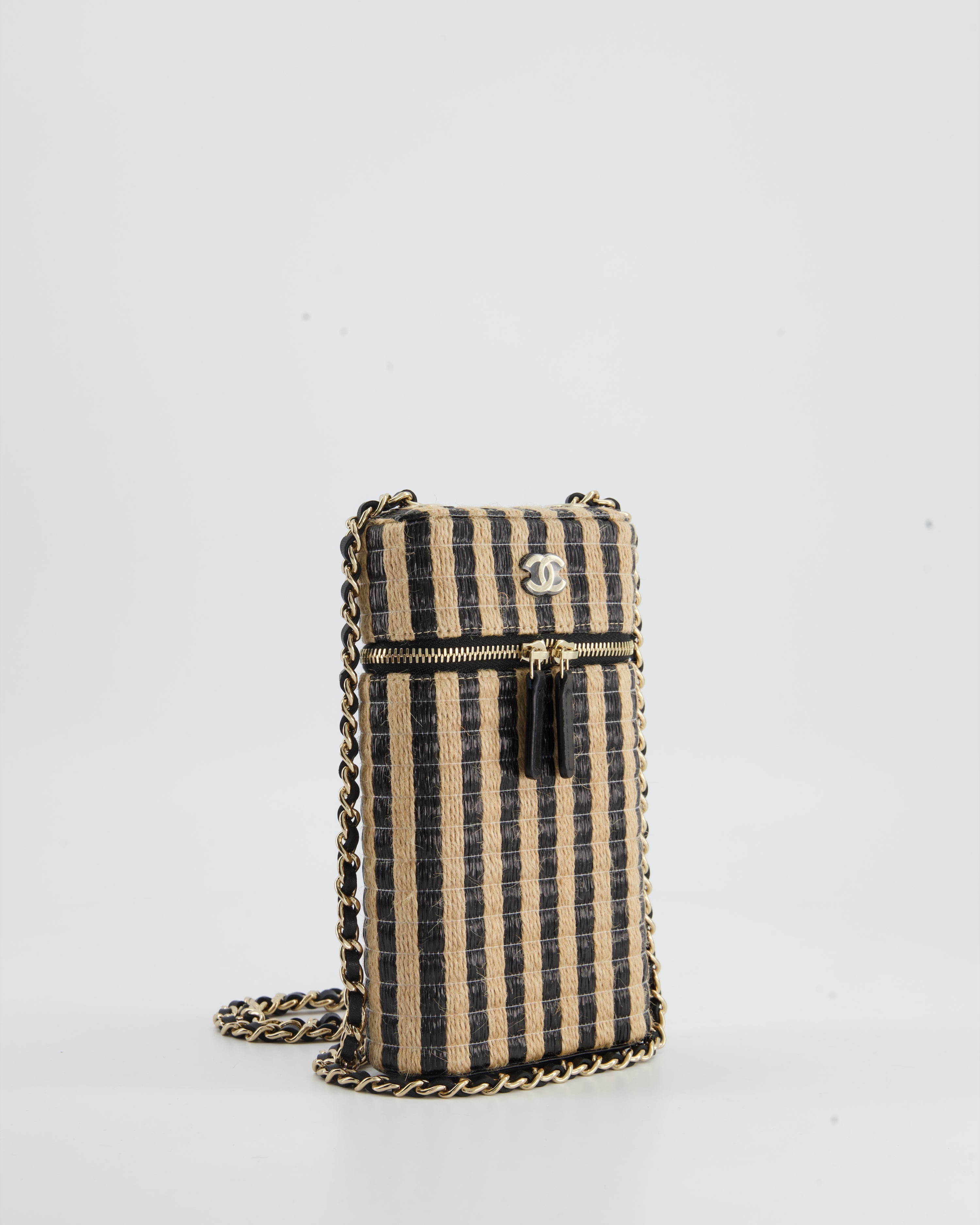 Chanel Raffia Vanity 21P Beige and Black Cross-Body Bag with Champagne Gold Hardware