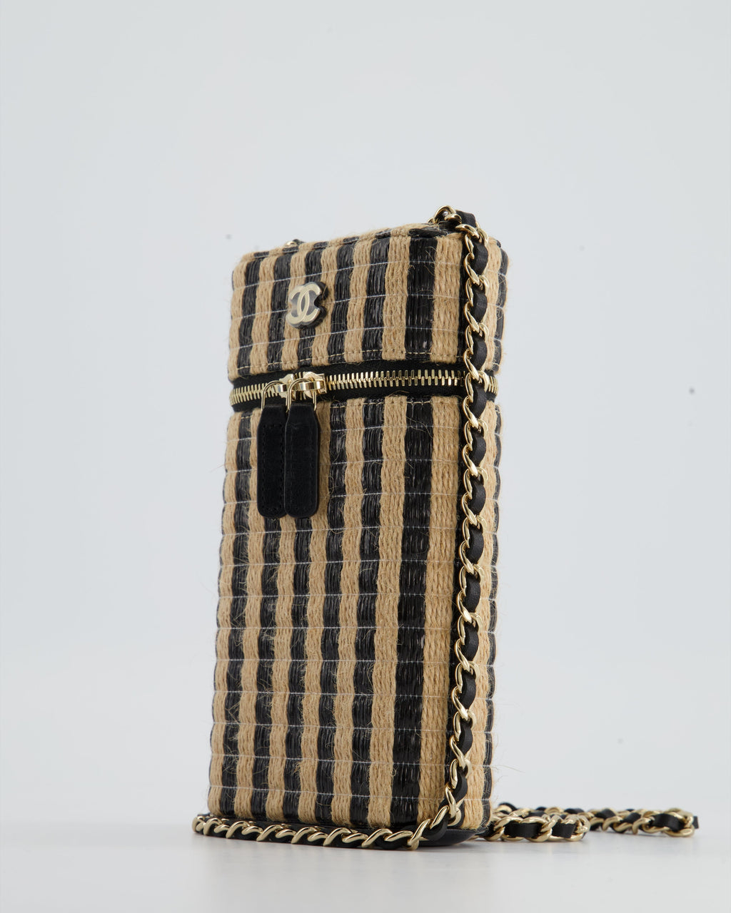 Chanel Raffia Vanity 21P Beige and Black Cross-Body Bag with Champagne Gold Hardware