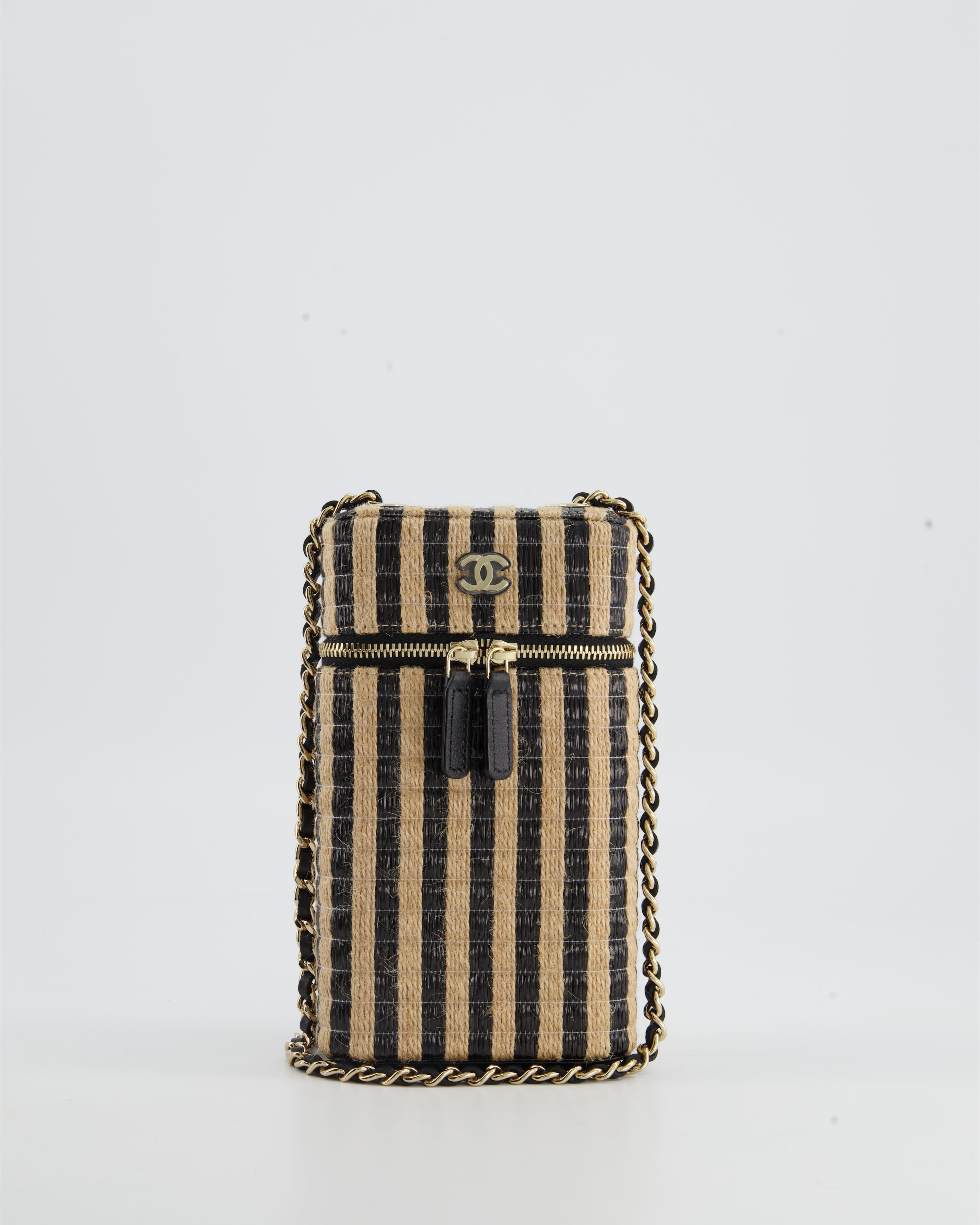 Chanel Raffia Vanity 21P Beige and Black Cross-Body Bag with Champagne Gold Hardware