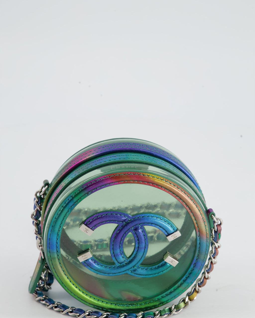 Chanel Rainbow Green Filigree PVC CC Mini Round Crossbody Bag with Silver Hardware
