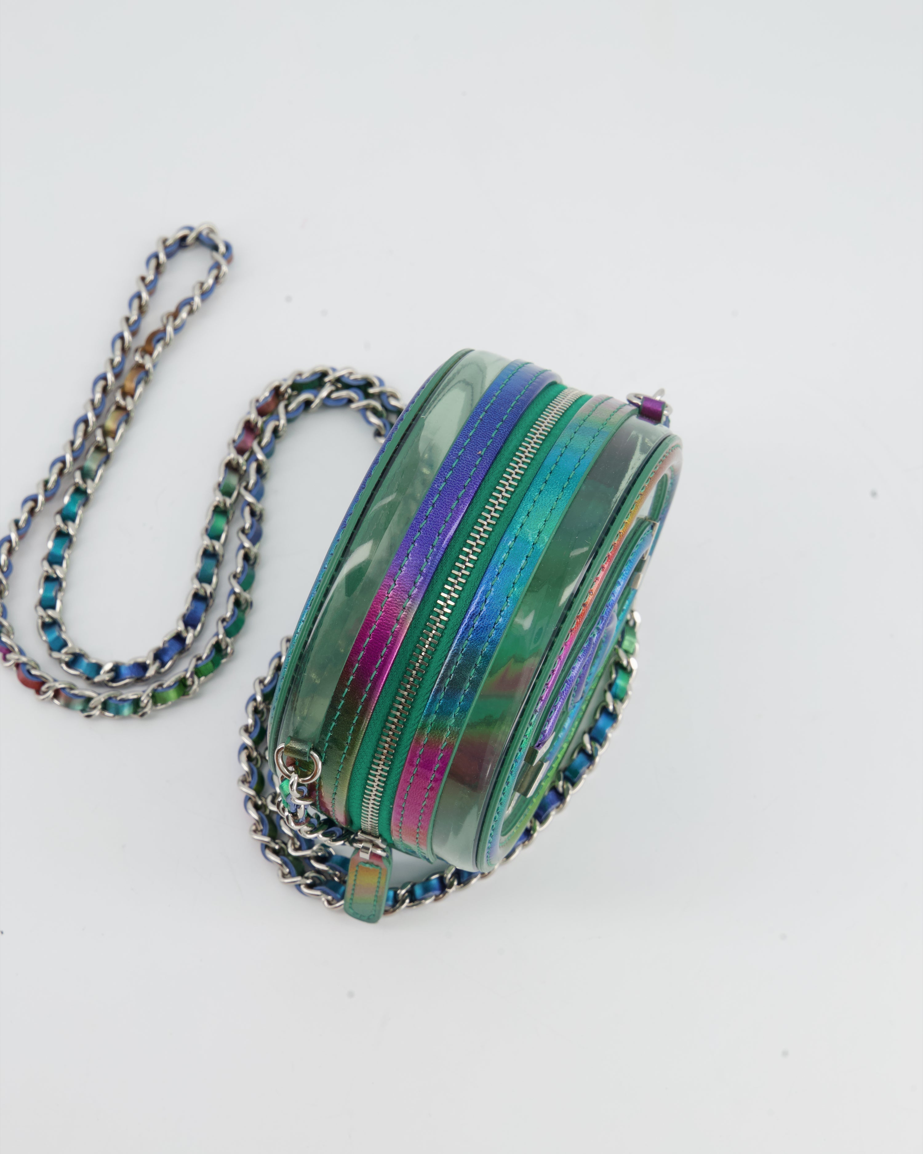 Chanel Rainbow Green Filigree PVC CC Mini Round Crossbody Bag with Silver Hardware