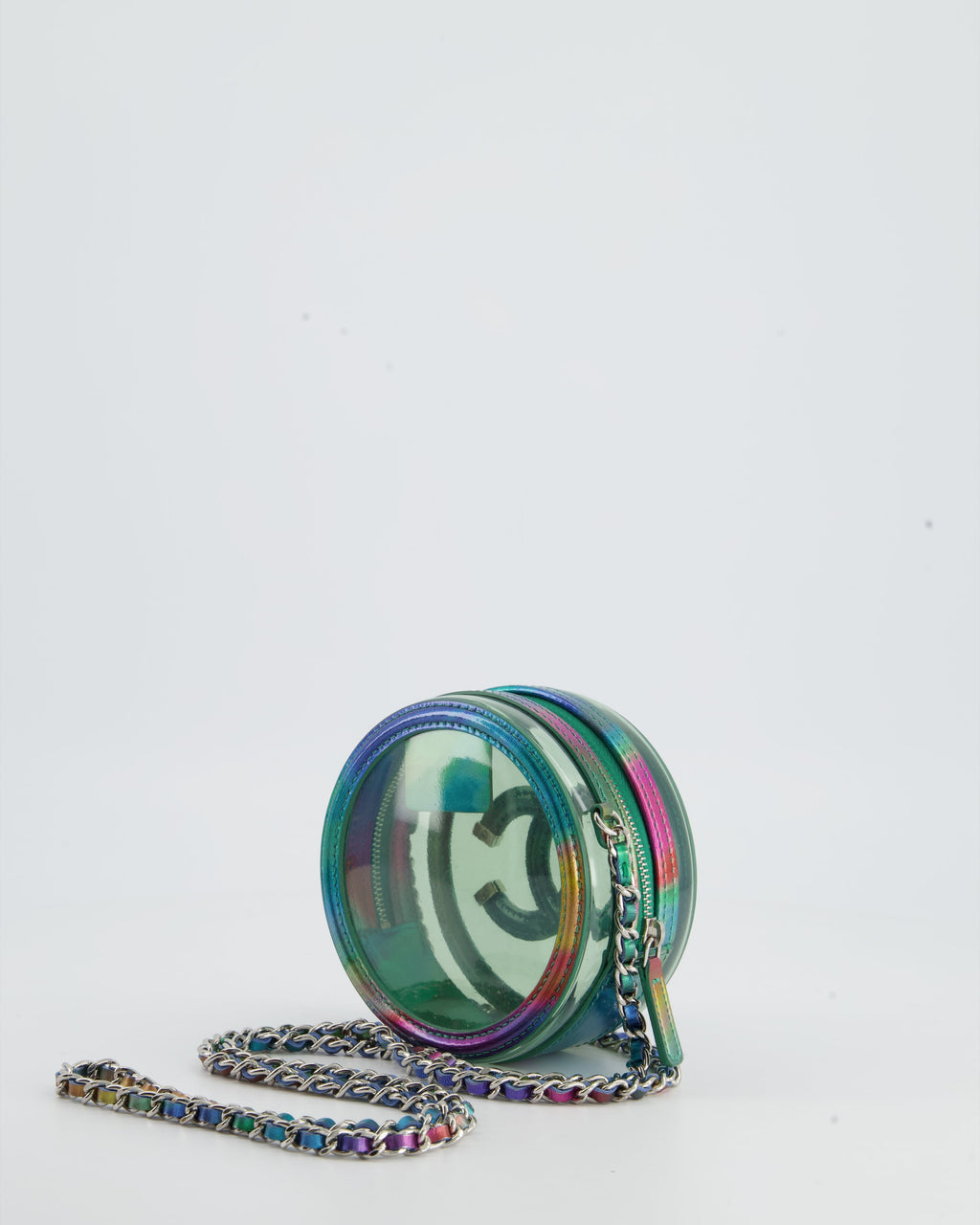 Chanel Rainbow Green Filigree PVC CC Mini Round Crossbody Bag with Silver Hardware