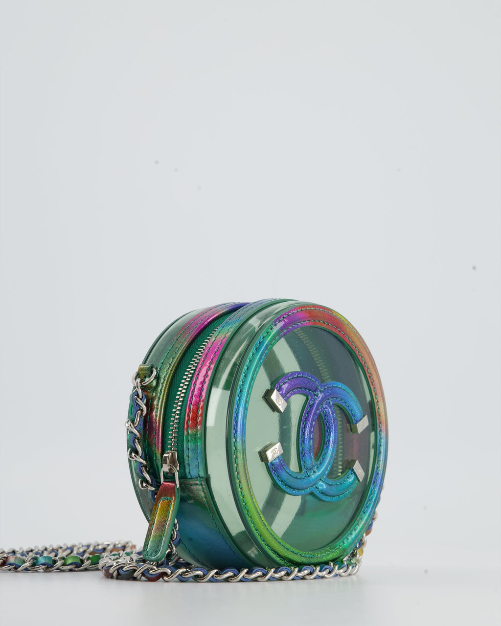 Chanel Rainbow Green Filigree PVC CC Mini Round Crossbody Bag with Silver Hardware