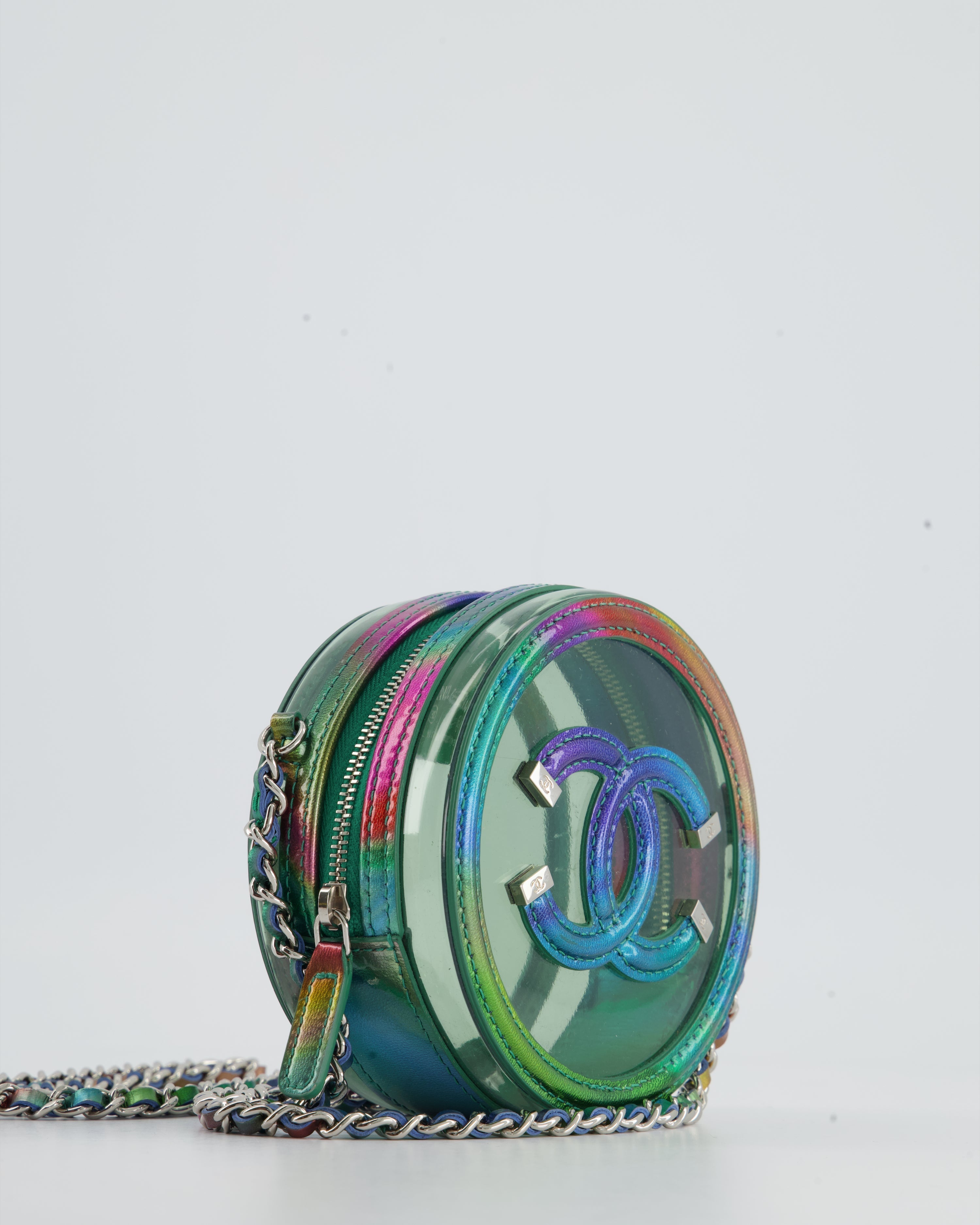 Chanel Rainbow Green Filigree PVC CC Mini Round Crossbody Bag with Silver Hardware