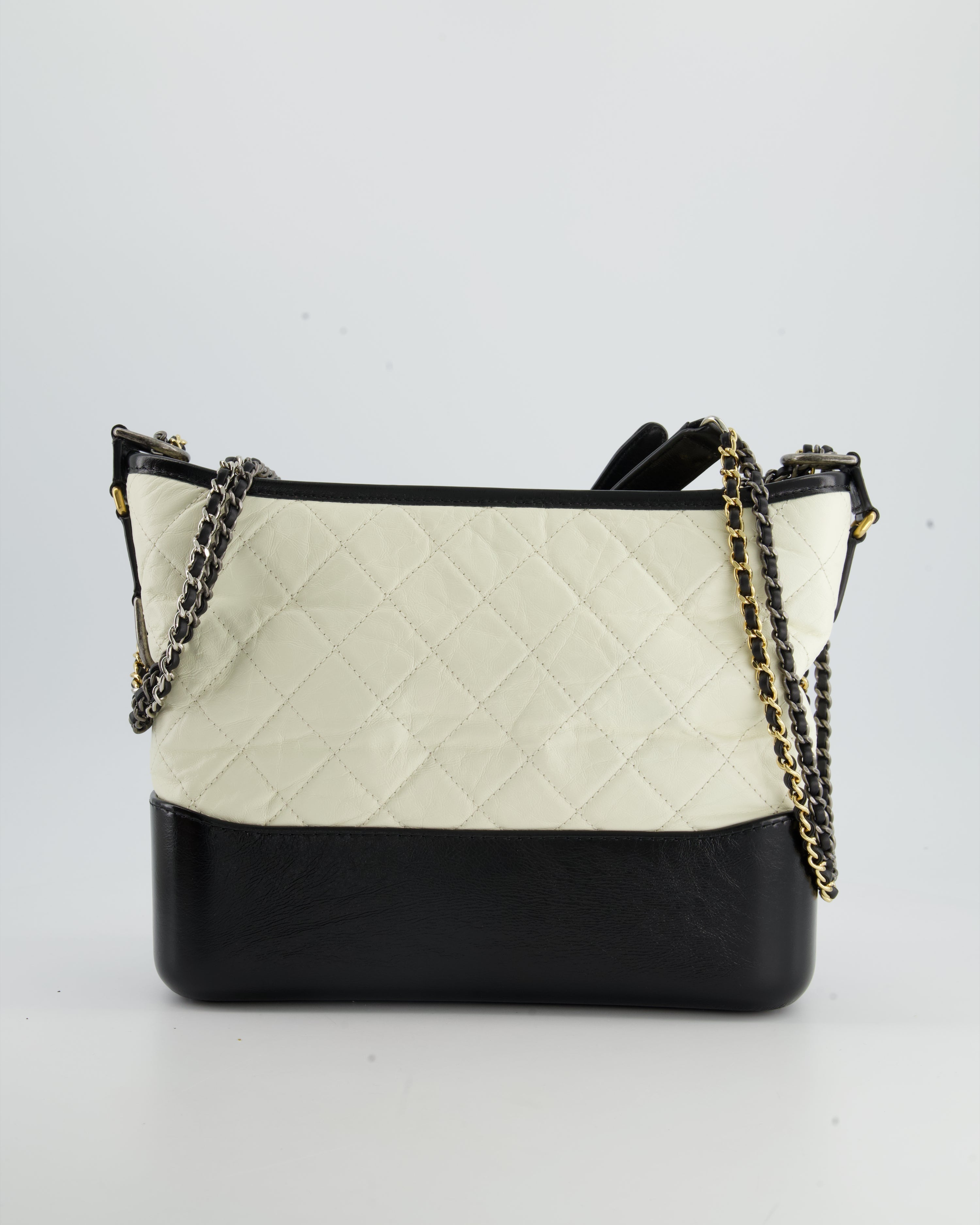 Chanel White and Black Medium Gabrielle Bag in Aged Calfskin Leather with Mixed Hardware