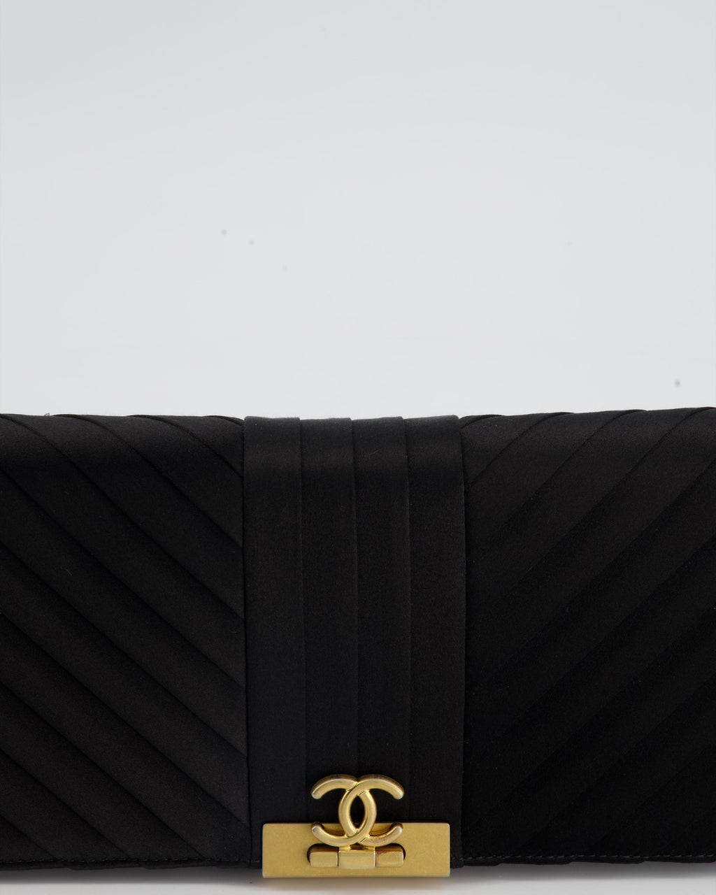 Chanel Black Satin Long-Line Clutch Bag with Brushed Gold Hardware and CC Detail