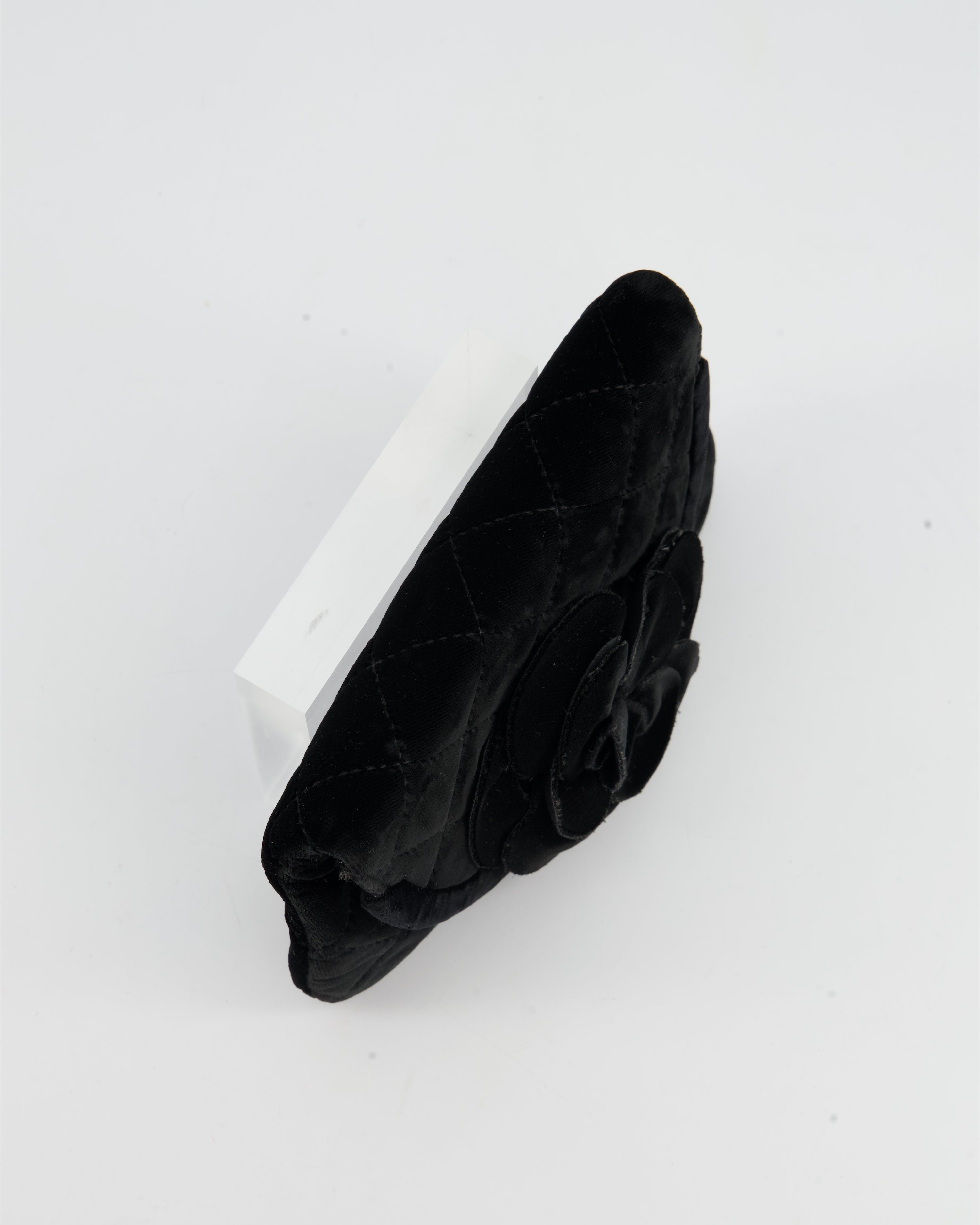 Chanel Black Velvet Diamond Clutch Bag with Camellia Detailing