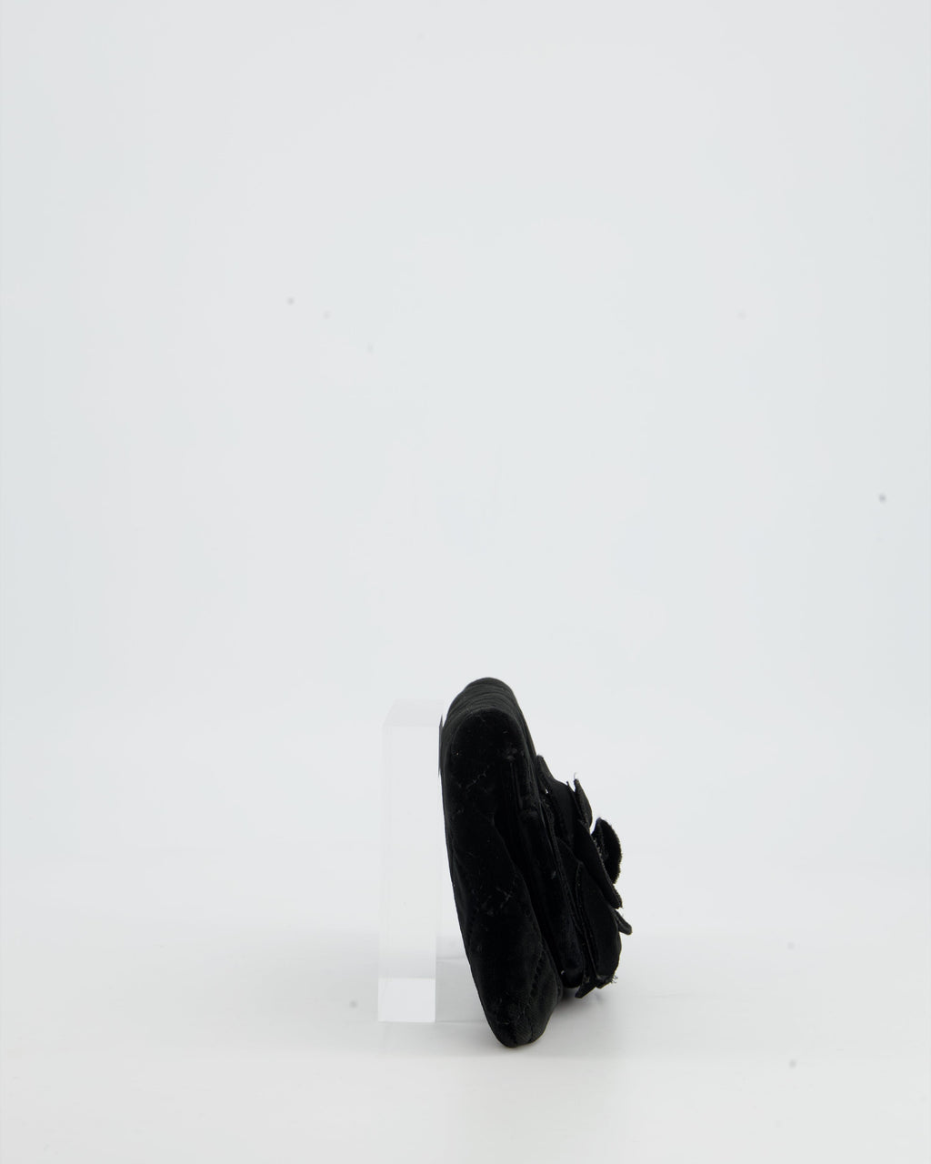 Chanel Black Velvet Diamond Clutch Bag with Camellia Detailing