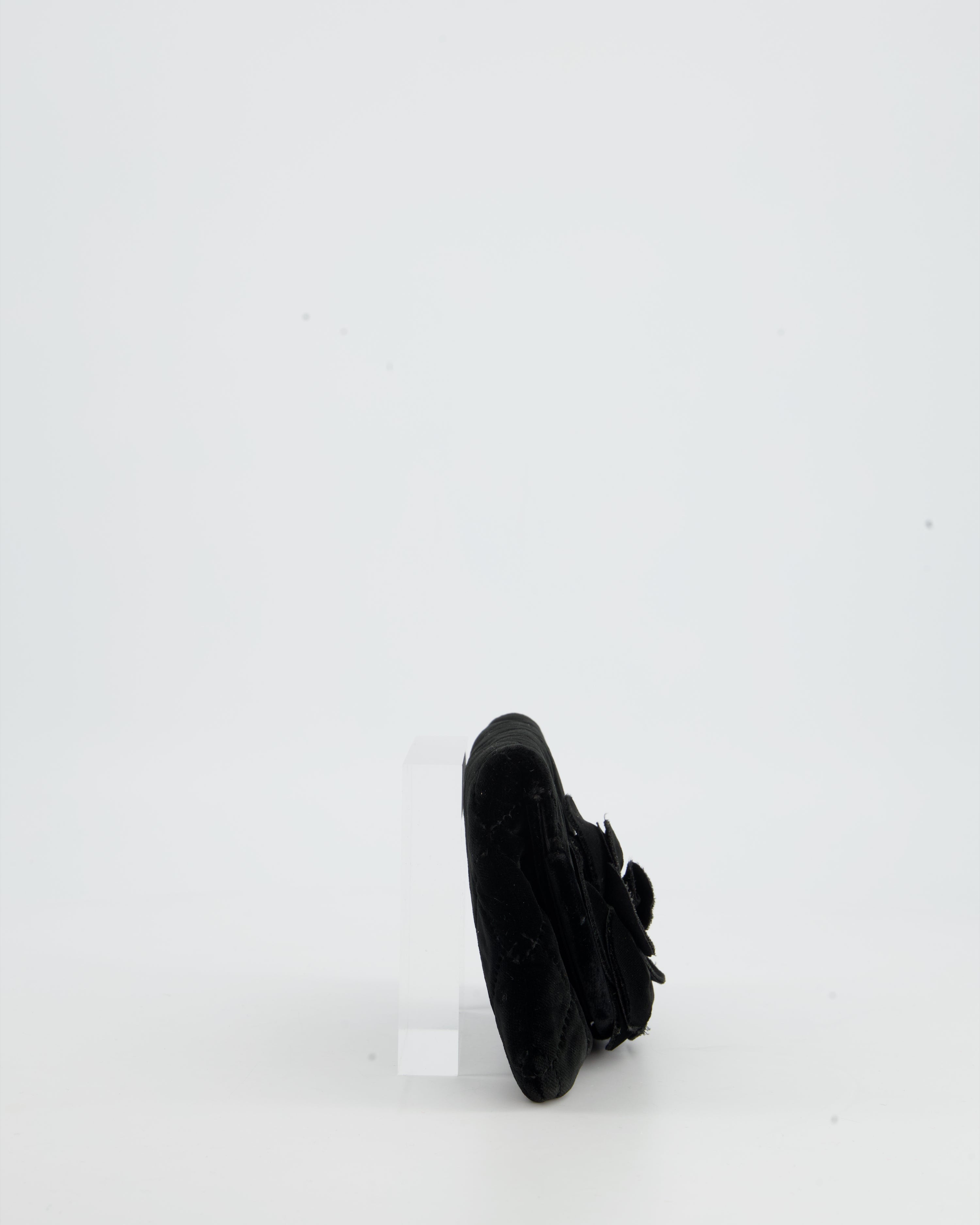 Chanel Black Velvet Diamond Clutch Bag with Camellia Detailing