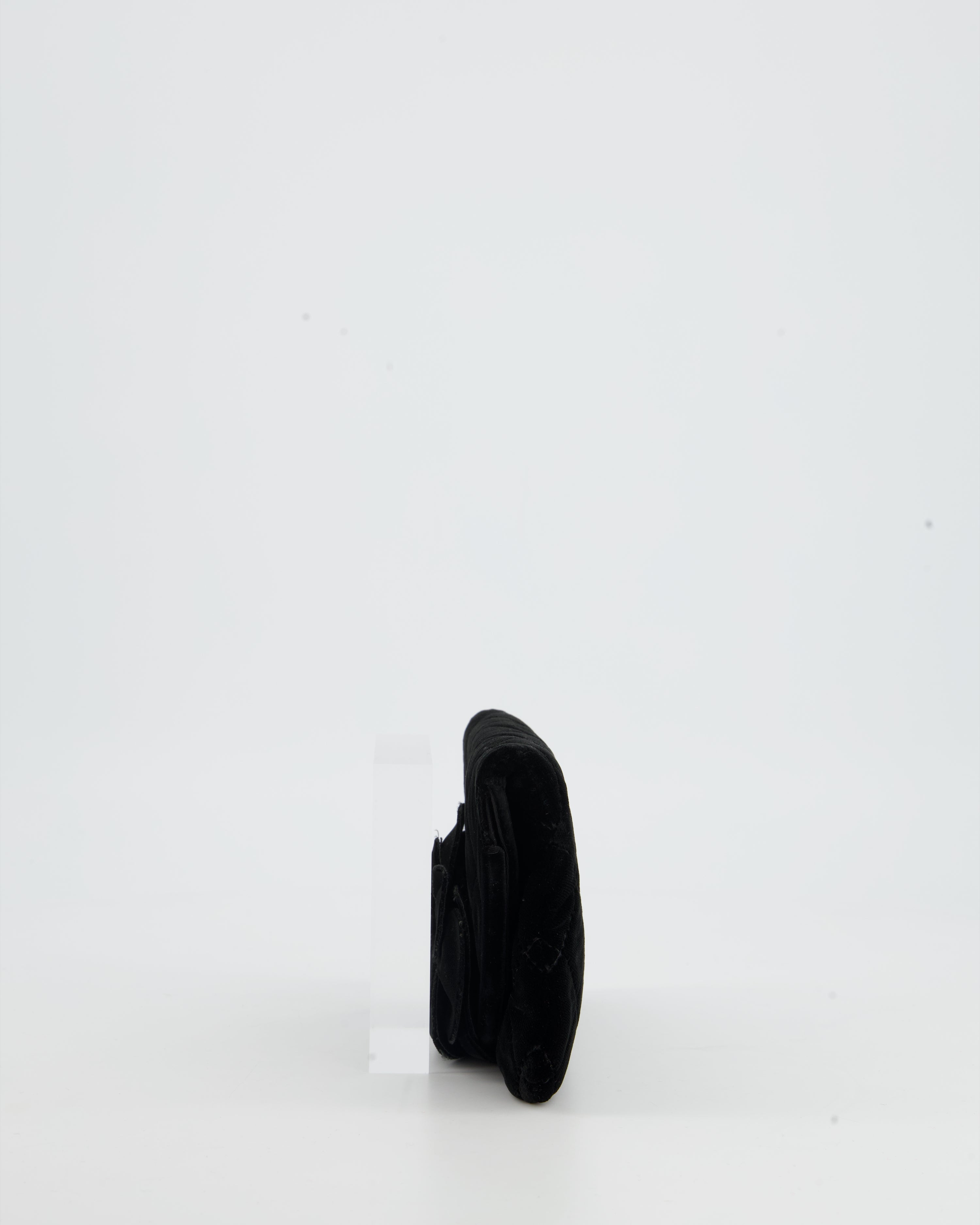 Chanel Black Velvet Diamond Clutch Bag with Camellia Detailing