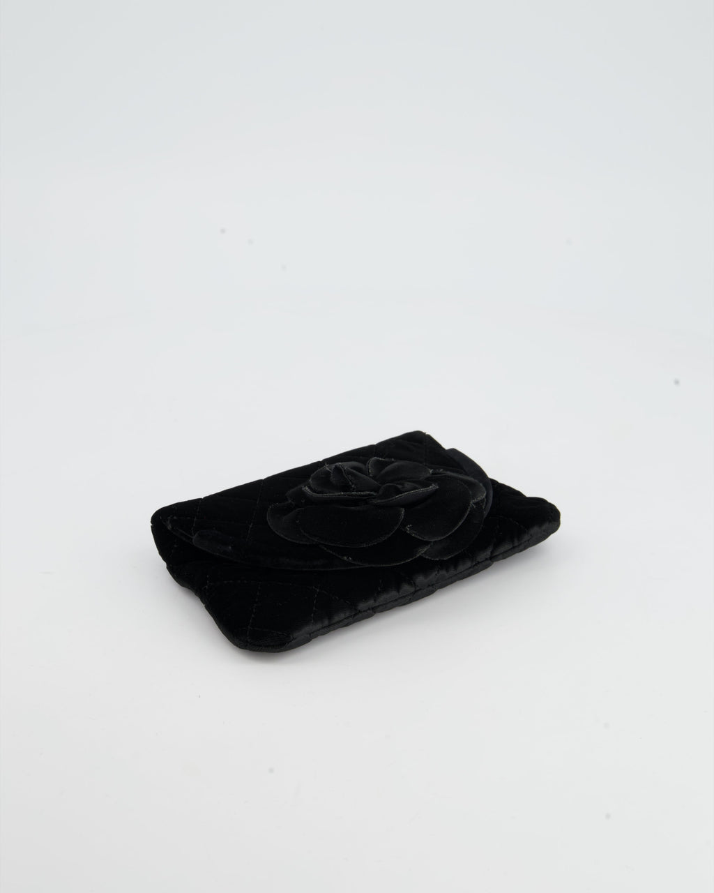 Chanel Black Velvet Diamond Clutch Bag with Camellia Detailing