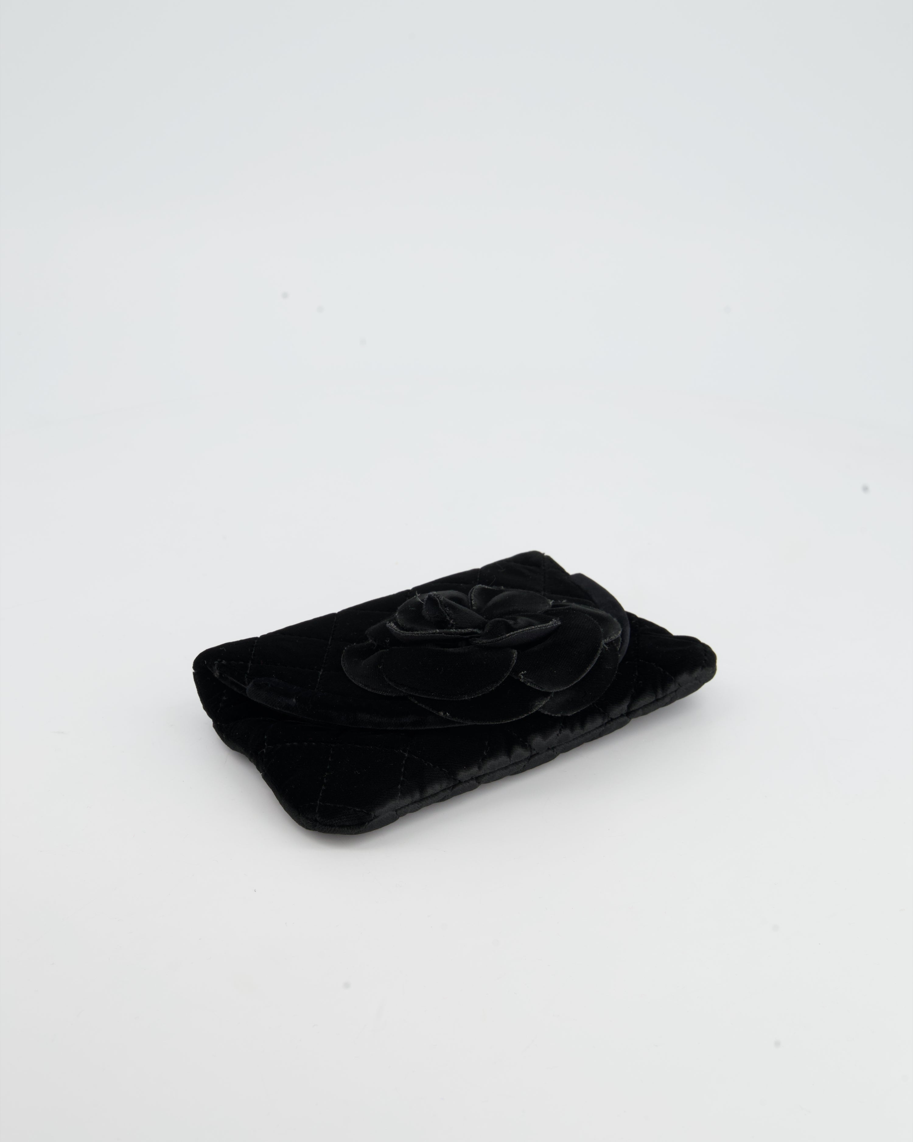 Chanel Black Velvet Diamond Clutch Bag with Camellia Detailing