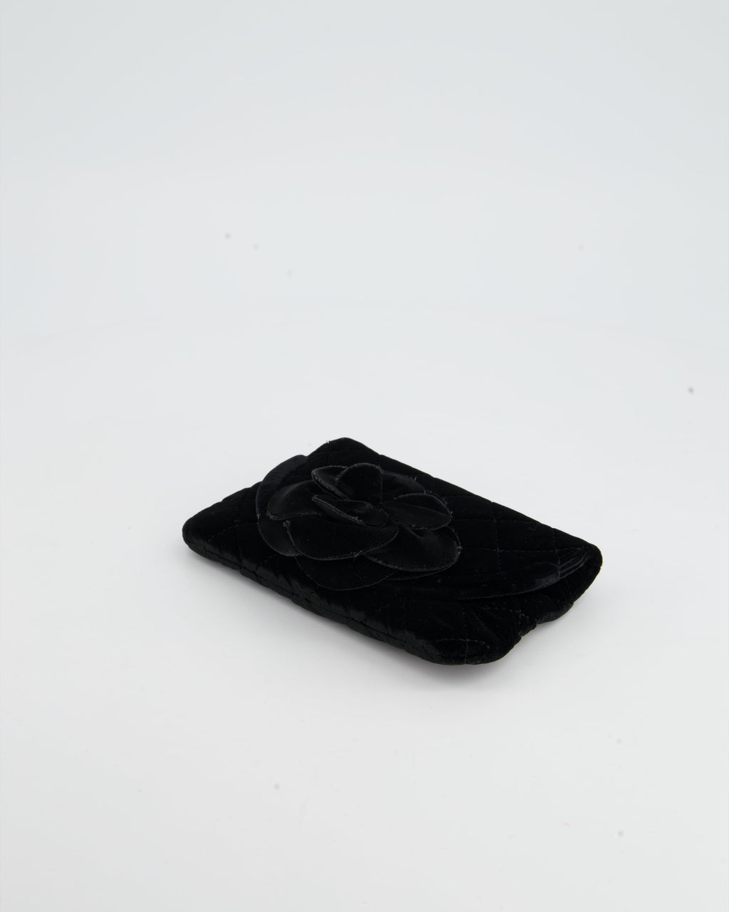 Chanel Black Velvet Diamond Clutch Bag with Camellia Detailing