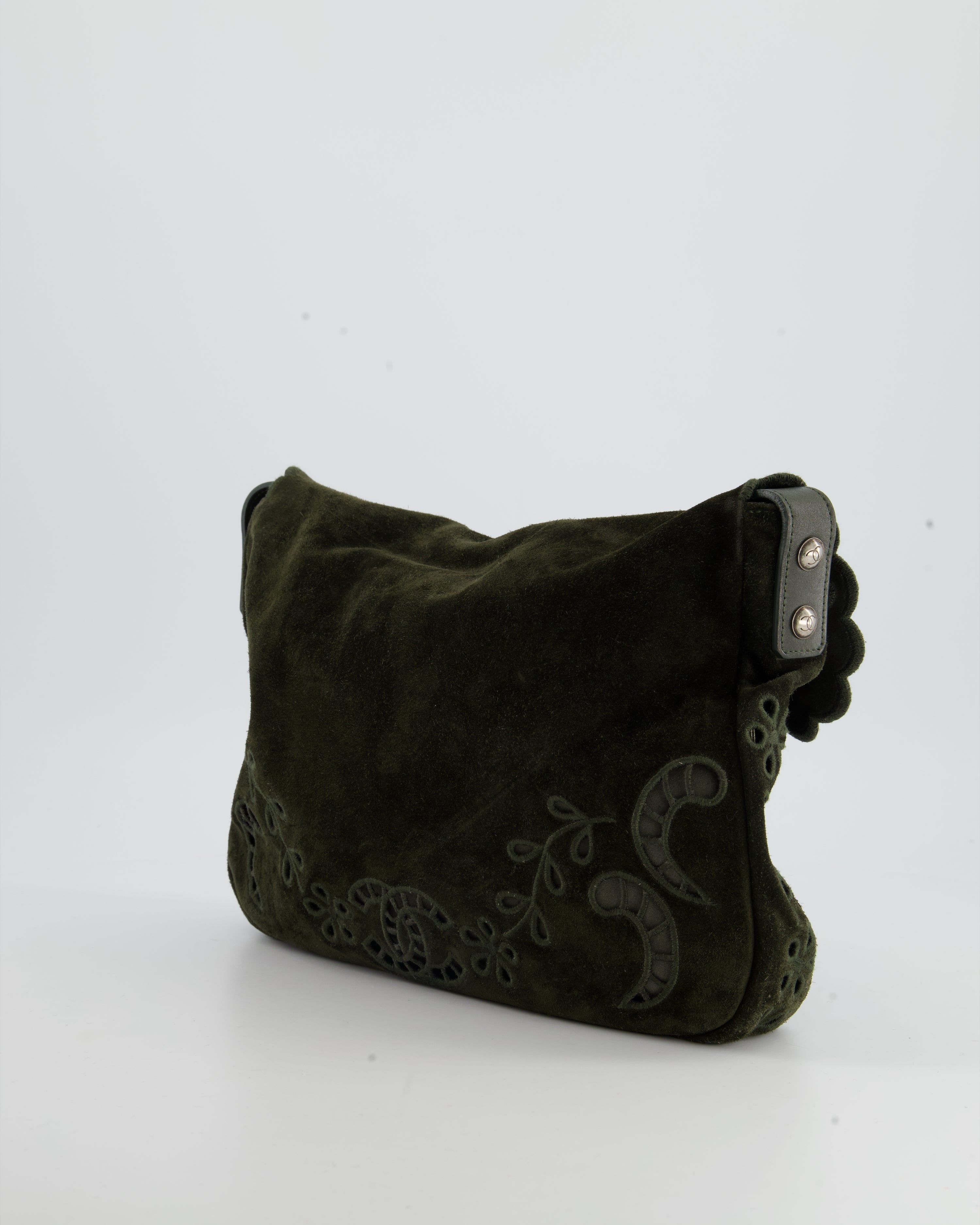 Chanel Khaki Suede Paisley Embroidered CC Messenger Bag with Ruthenium Hardware
