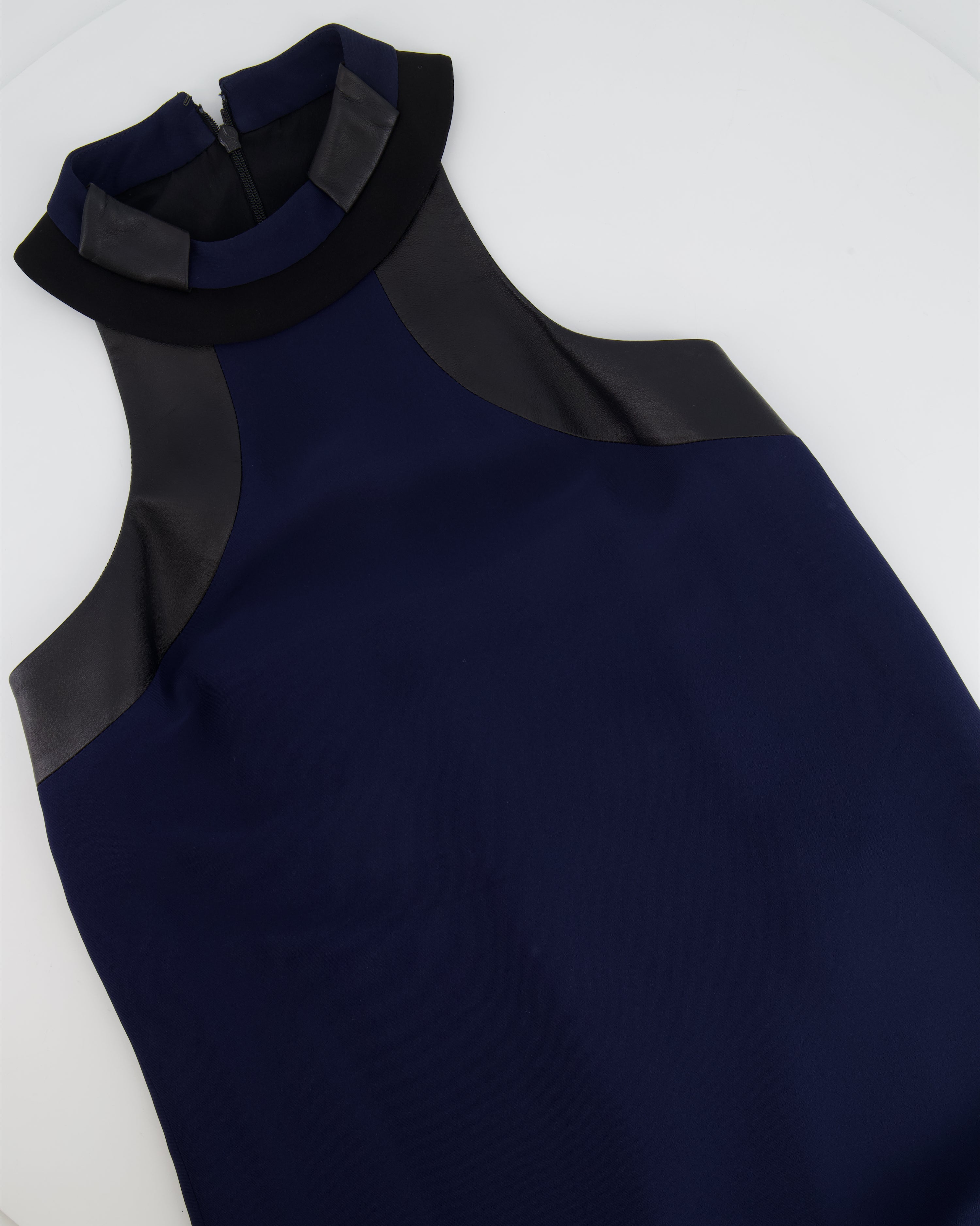 Gucci Navy Silk Sleeveless Dress with Black Leather Details Size IT 38 (UK 6)