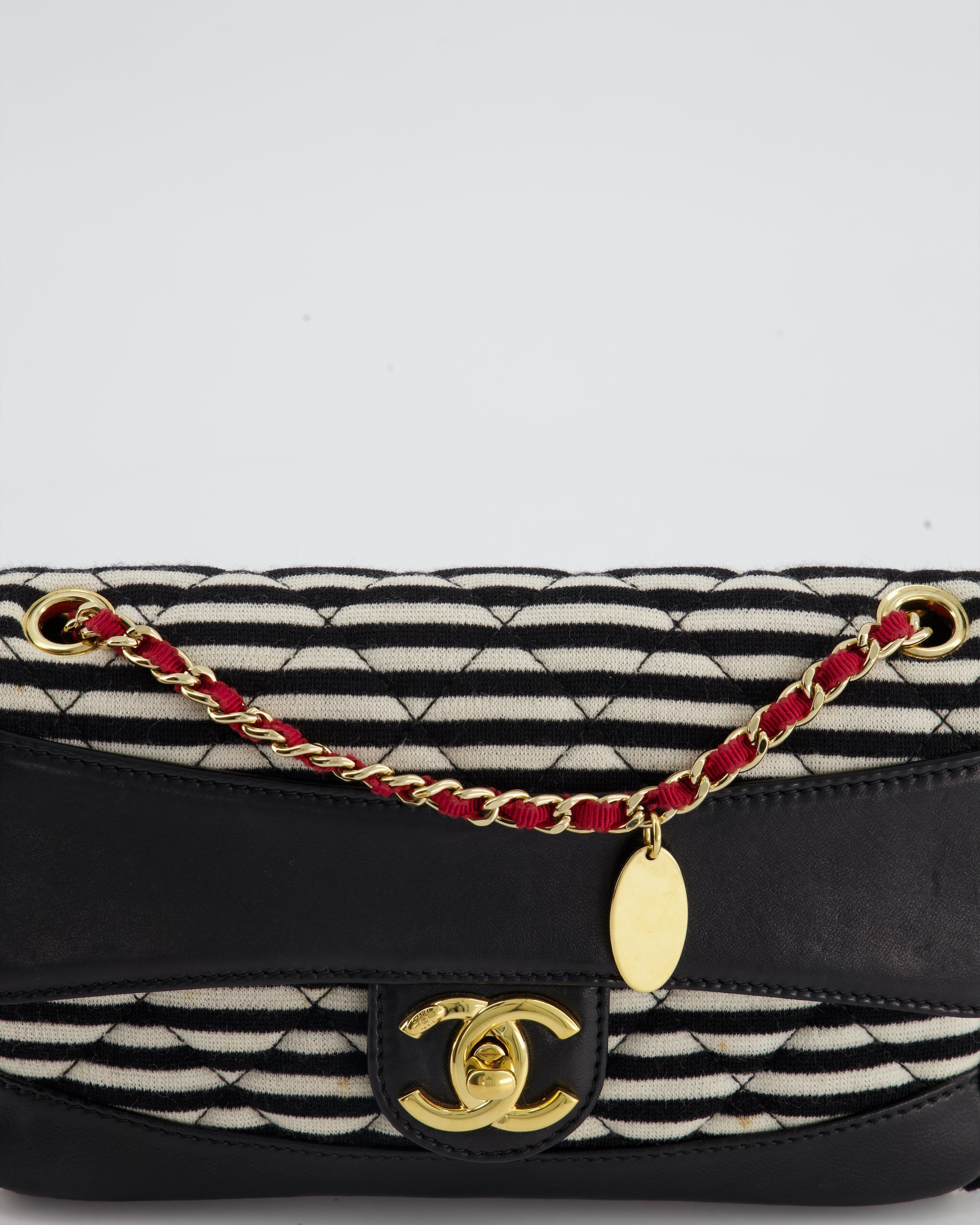 Chanel Black and White Mini Rectangular Jersey Single Flap Bag with Red Chain Detail and Gold Hardware