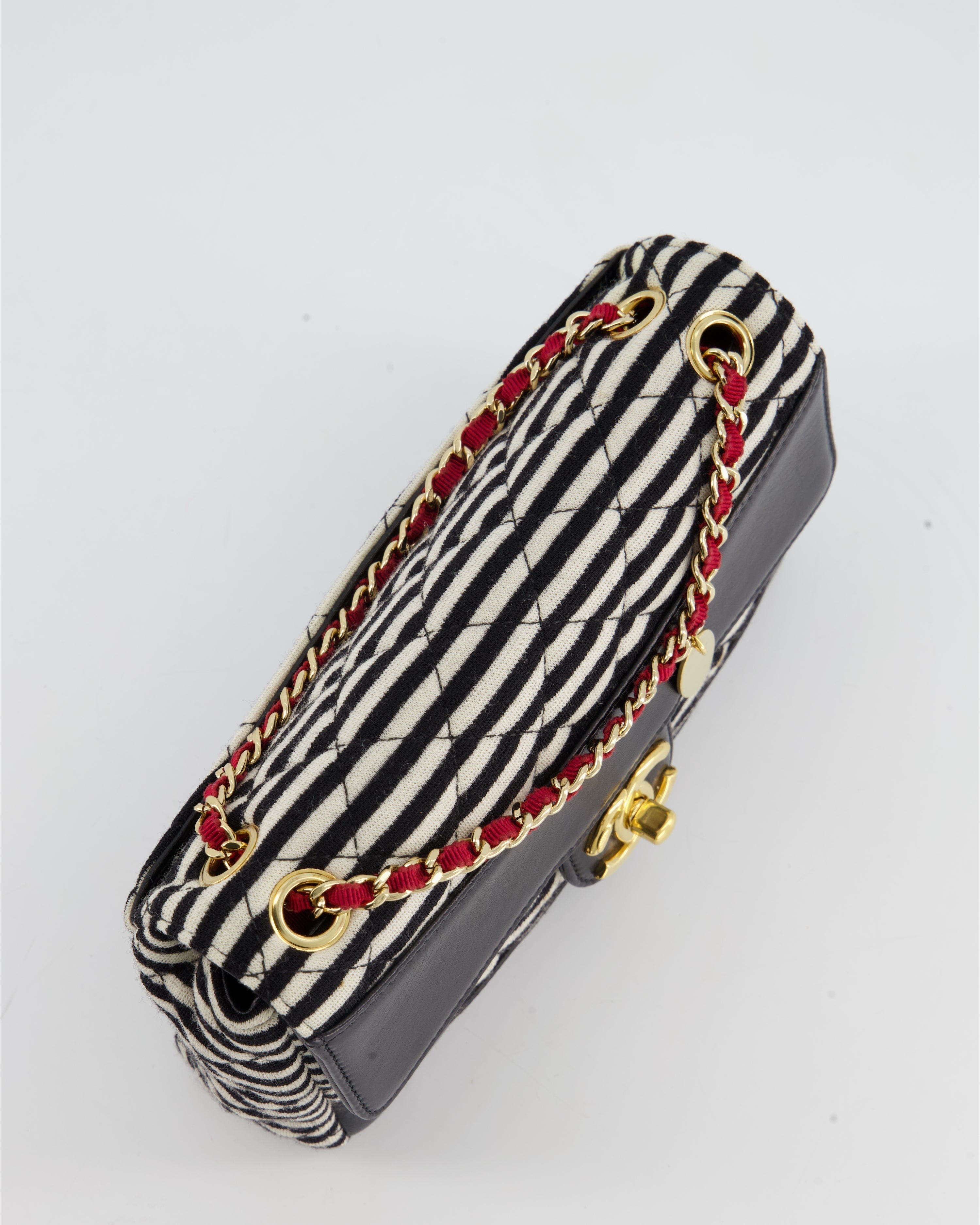 Chanel Black and White Mini Rectangular Jersey Single Flap Bag with Red Chain Detail and Gold Hardware
