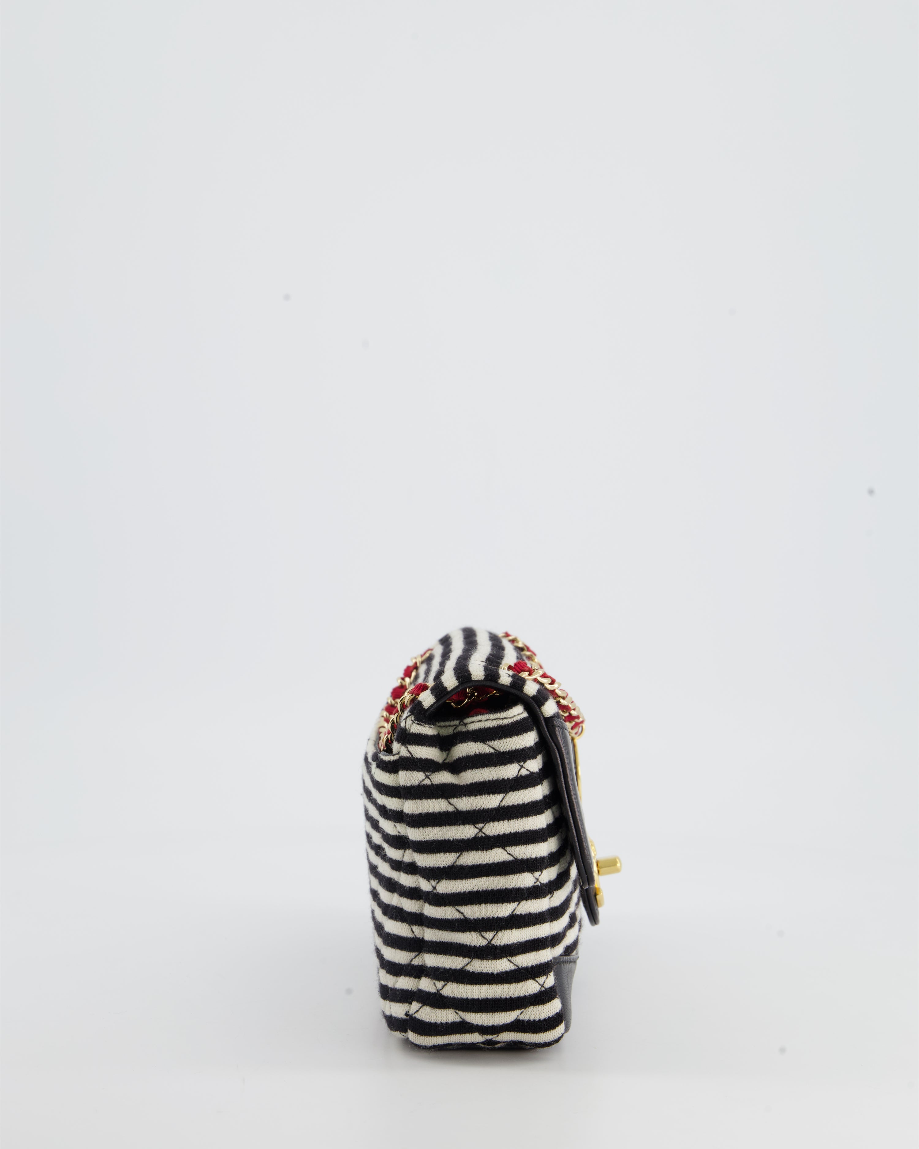 Chanel Black and White Mini Rectangular Jersey Single Flap Bag with Red Chain Detail and Gold Hardware