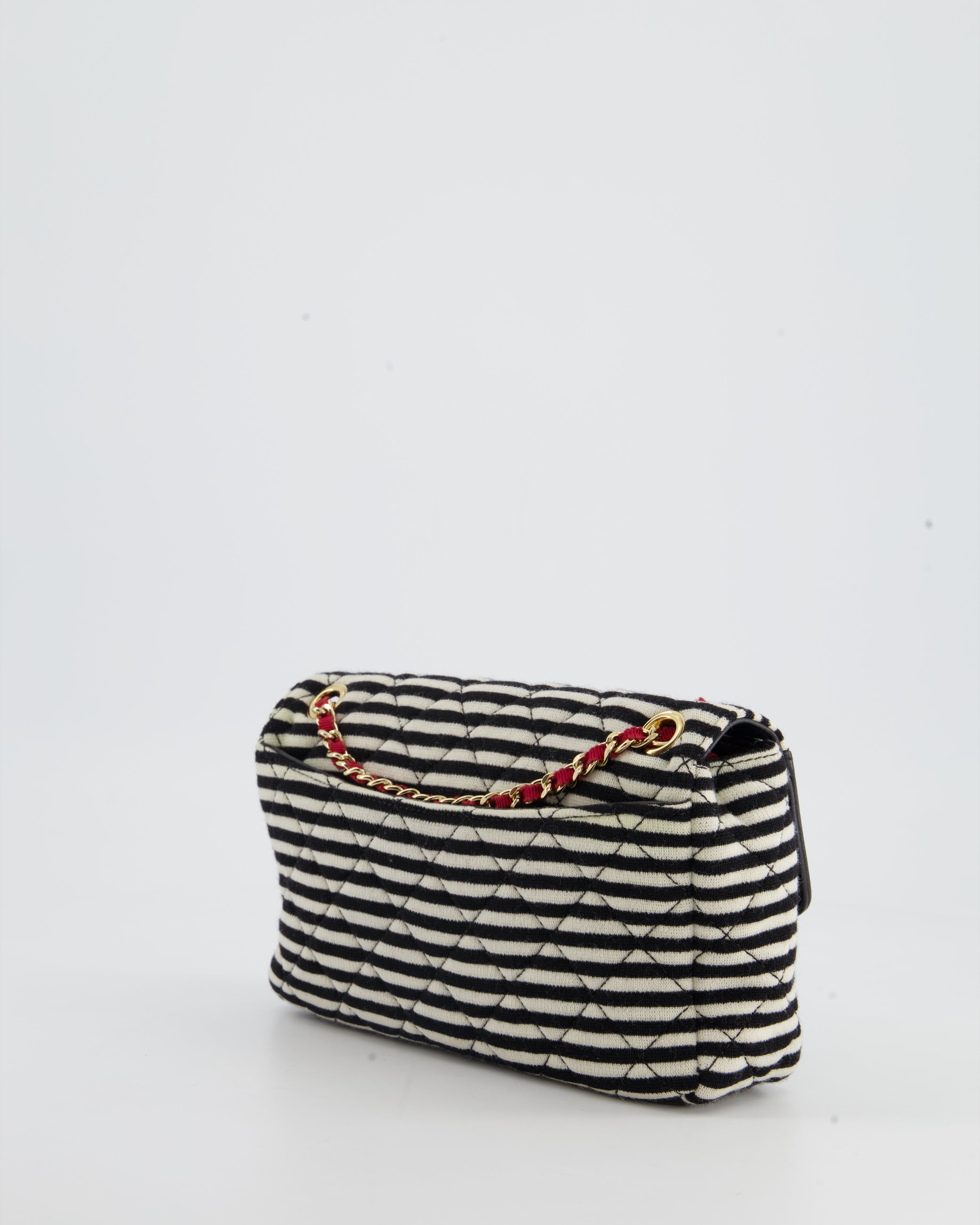 Chanel Black and White Mini Rectangular Jersey Single Flap Bag with Red Chain Detail and Gold Hardware