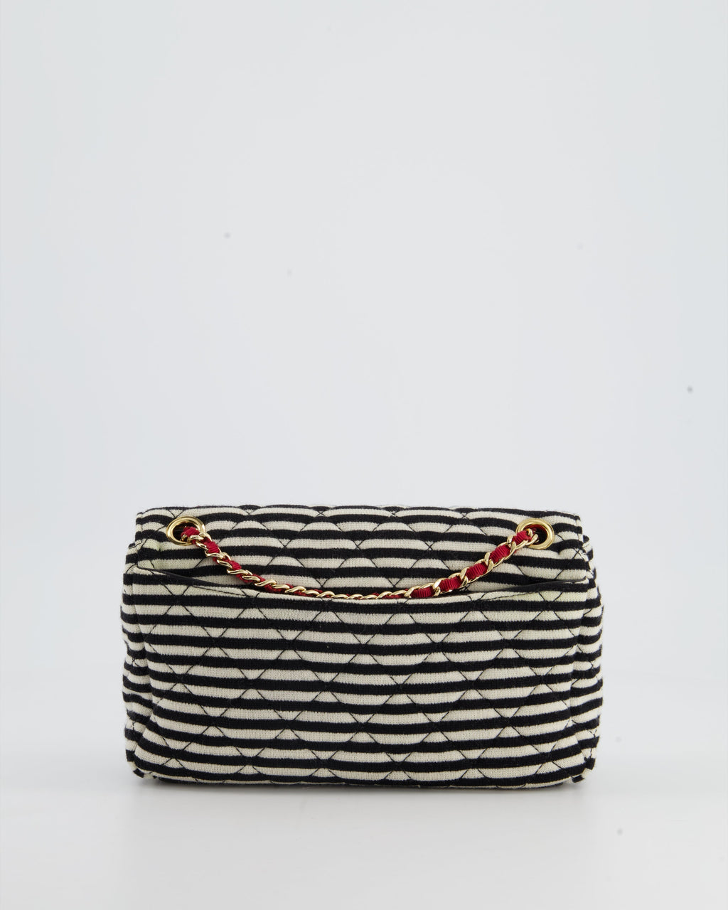 Chanel Black and White Mini Rectangular Jersey Single Flap Bag with Red Chain Detail and Gold Hardware