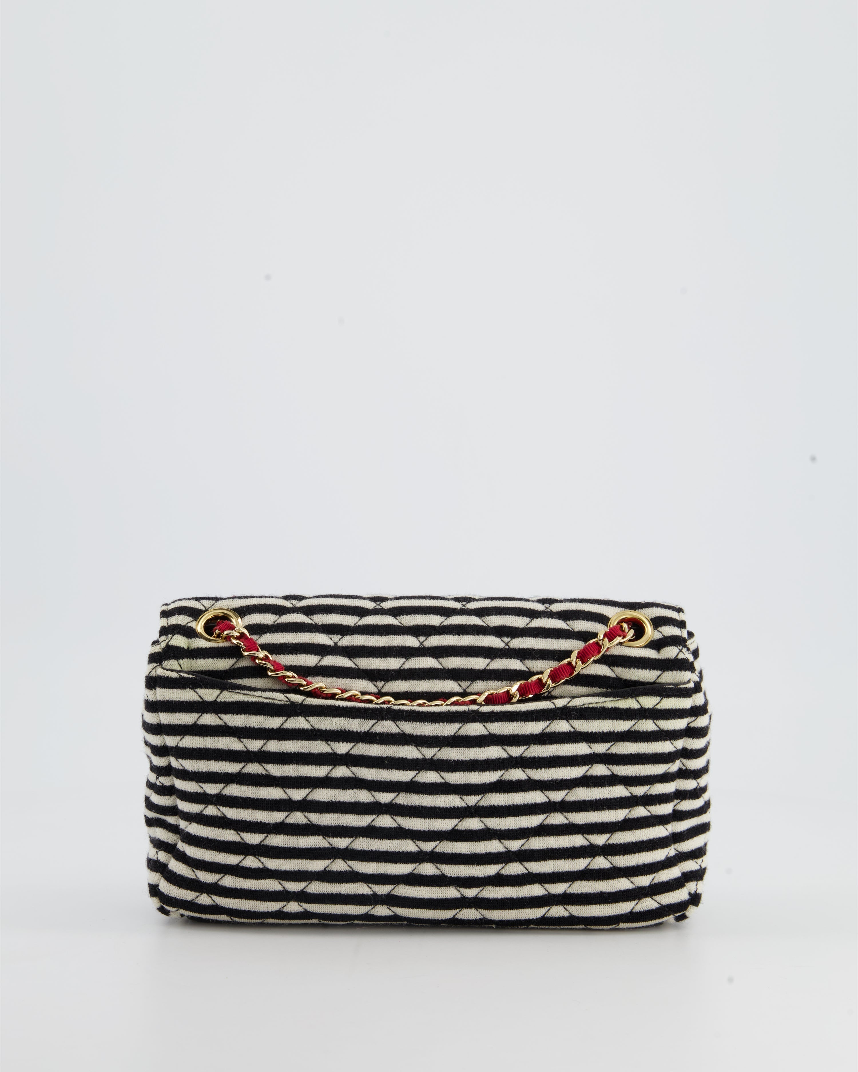 Chanel Black and White Mini Rectangular Jersey Single Flap Bag with Red Chain Detail and Gold Hardware