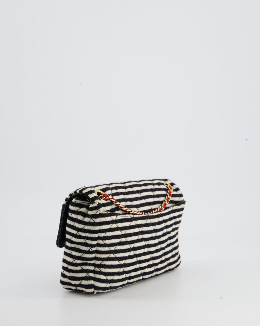Chanel Black and White Mini Rectangular Jersey Single Flap Bag with Red Chain Detail and Gold Hardware