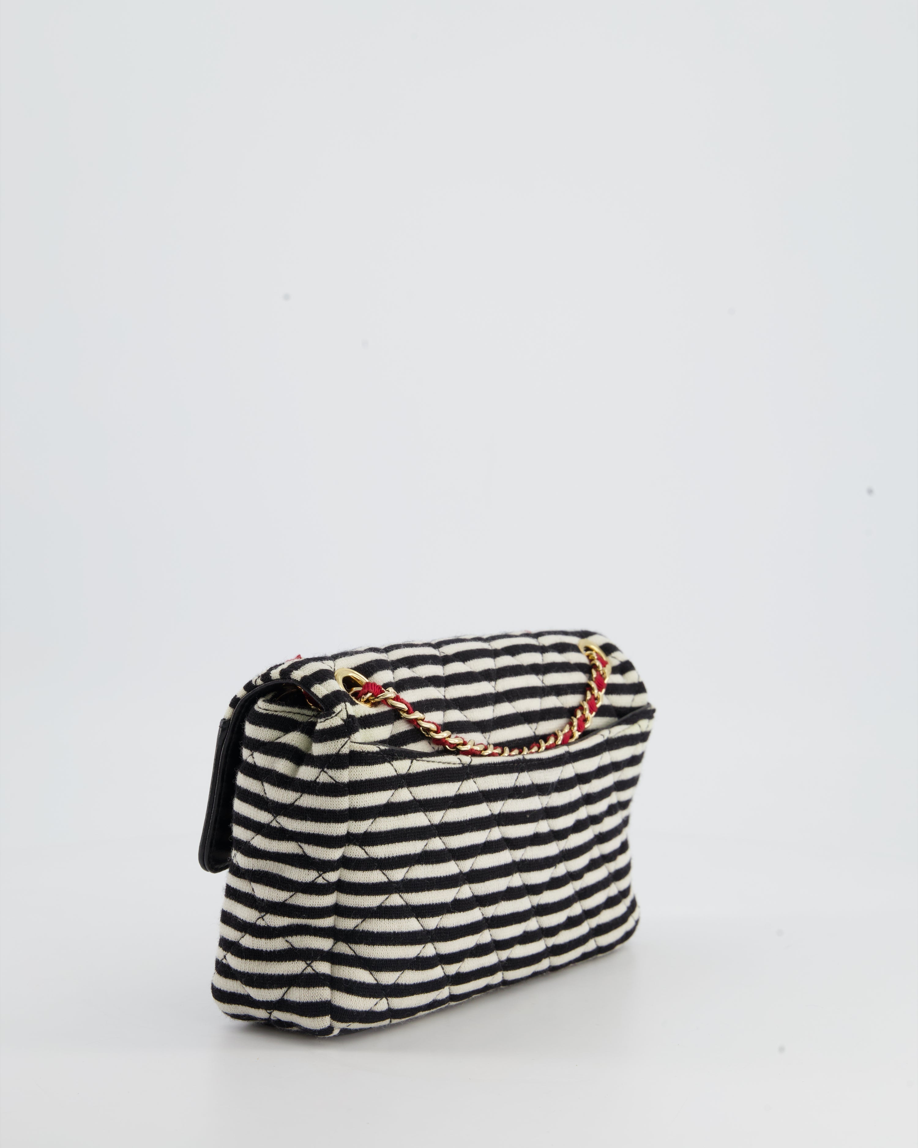 Chanel Black and White Mini Rectangular Jersey Single Flap Bag with Red Chain Detail and Gold Hardware