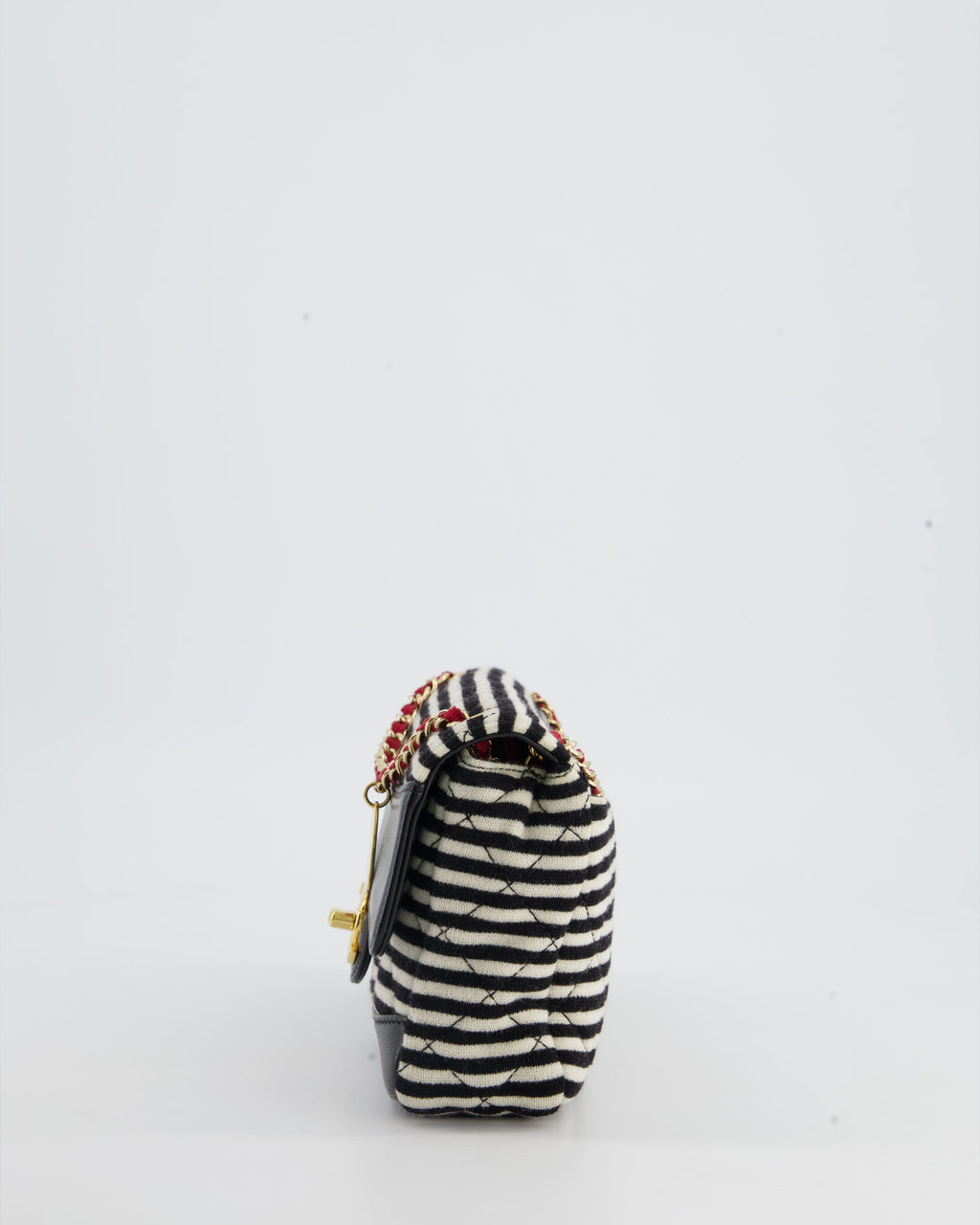 Chanel Black and White Mini Rectangular Jersey Single Flap Bag with Red Chain Detail and Gold Hardware