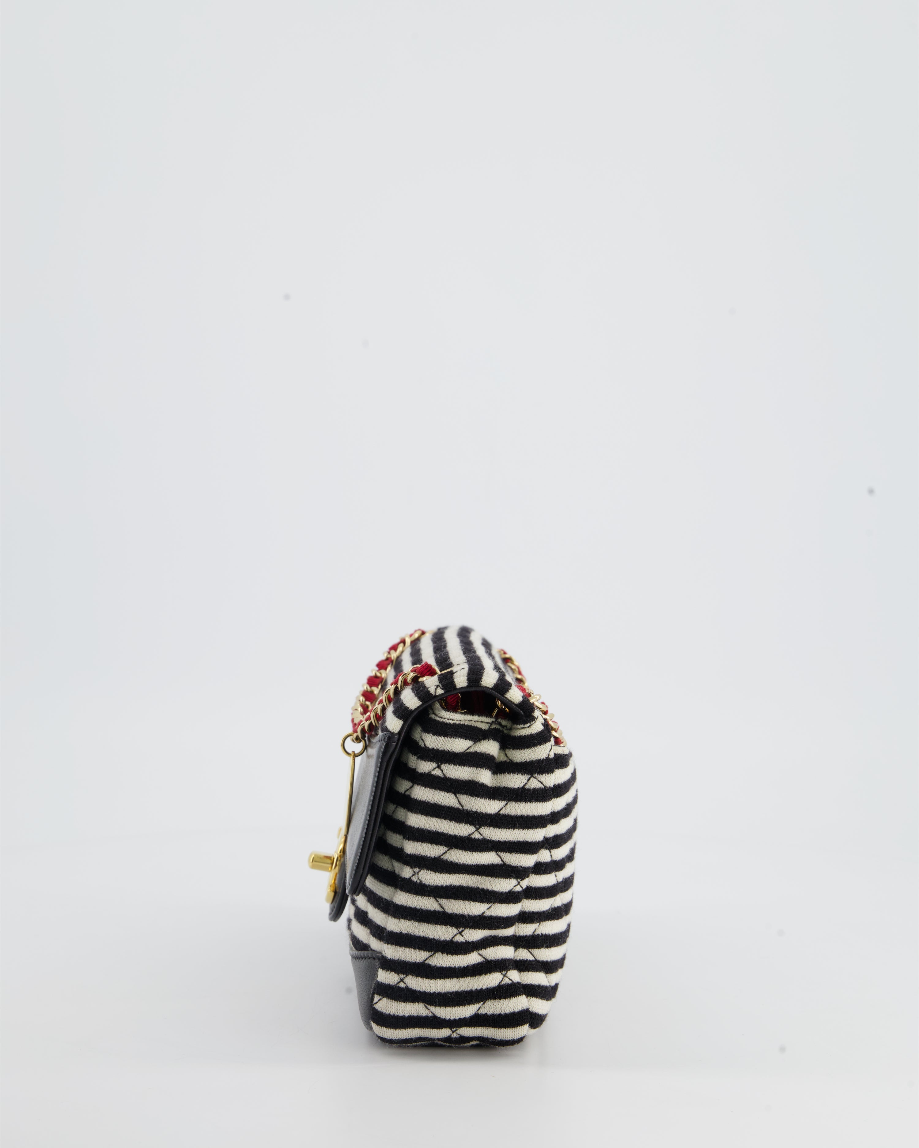 Chanel Black and White Mini Rectangular Jersey Single Flap Bag with Red Chain Detail and Gold Hardware