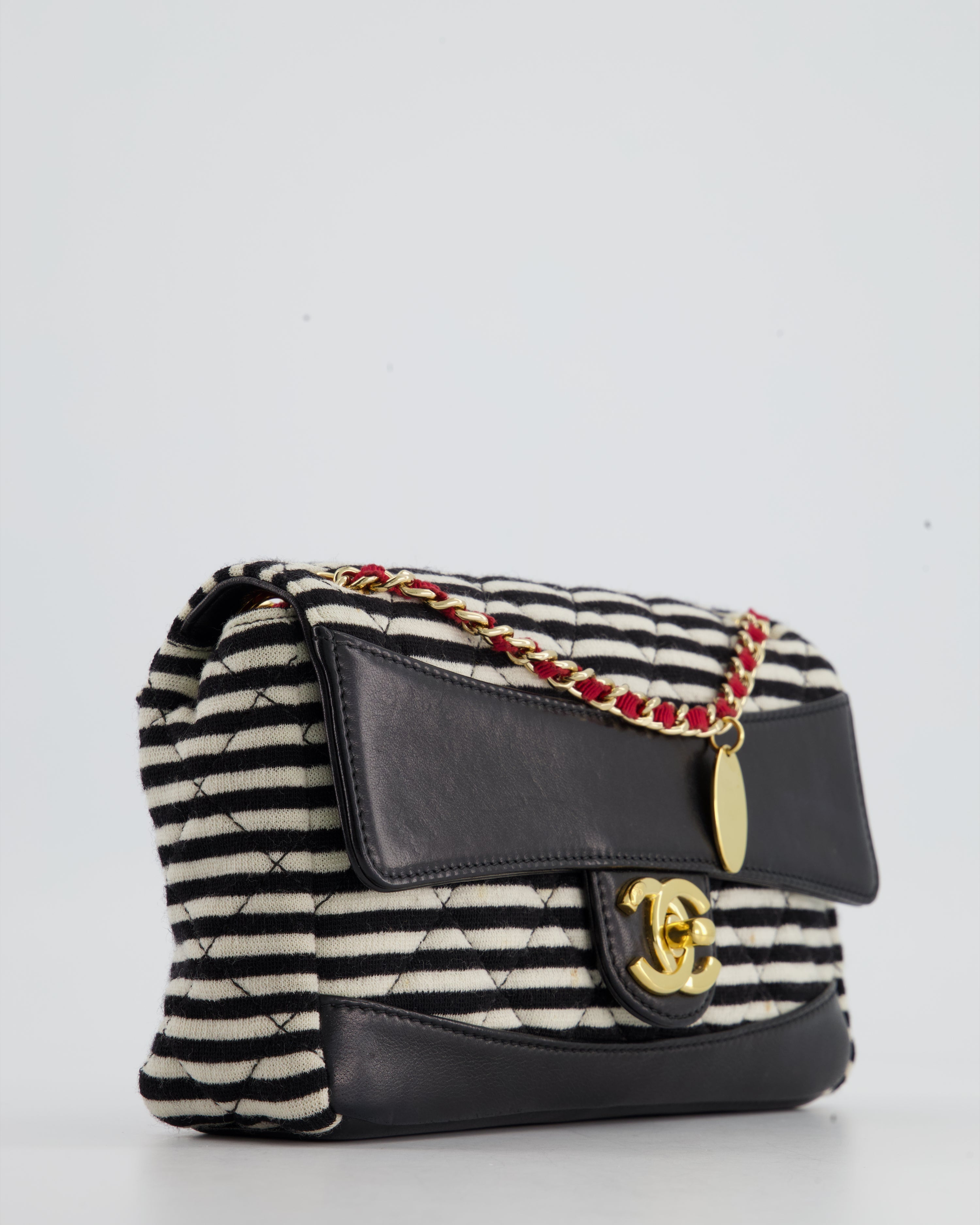Chanel Black and White Mini Rectangular Jersey Single Flap Bag with Red Chain Detail and Gold Hardware