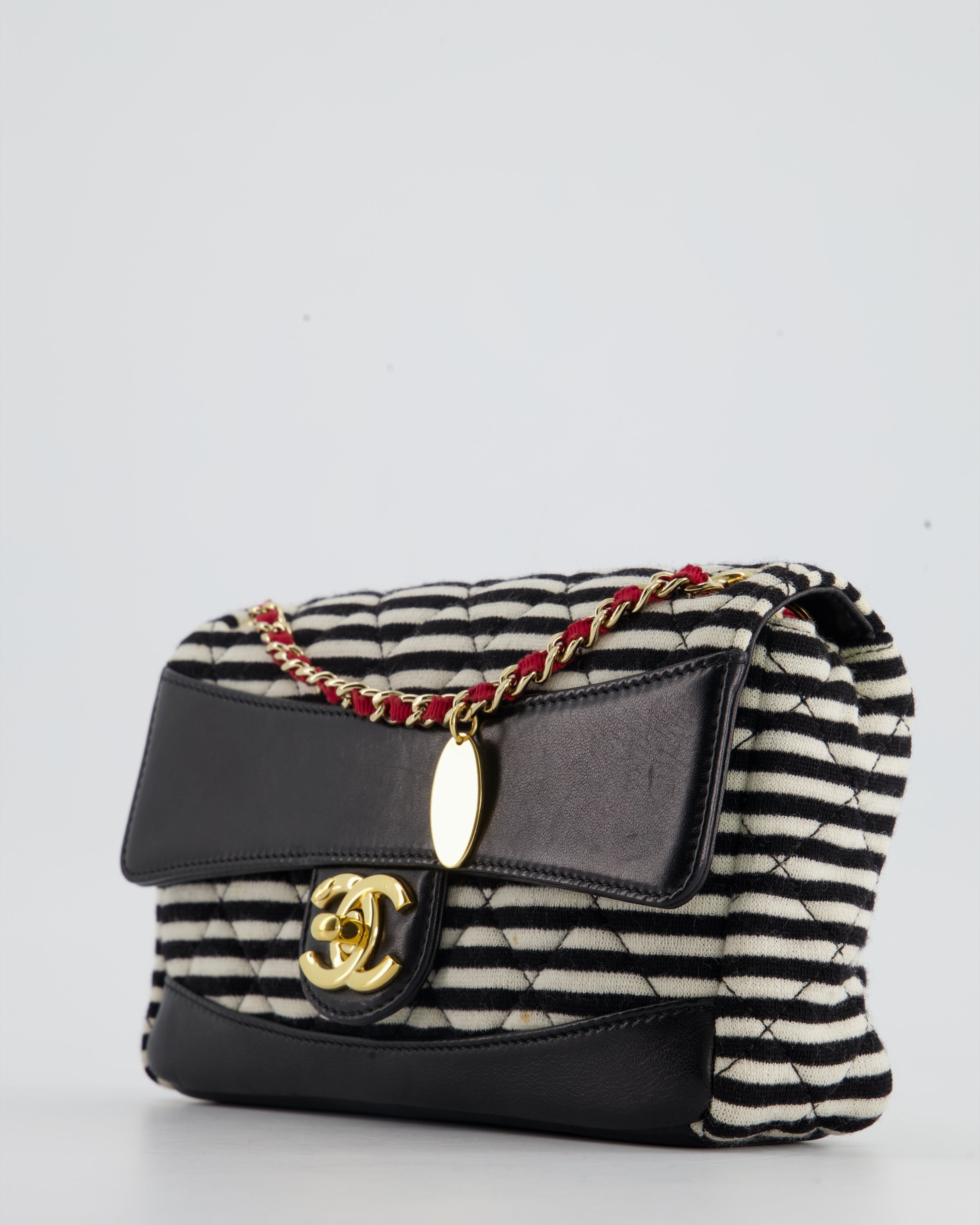 Chanel Black and White Mini Rectangular Jersey Single Flap Bag with Red Chain Detail and Gold Hardware