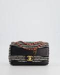 Chanel Black and White Mini Rectangular Jersey Single Flap Bag with Red Chain Detail and Gold Hardware
