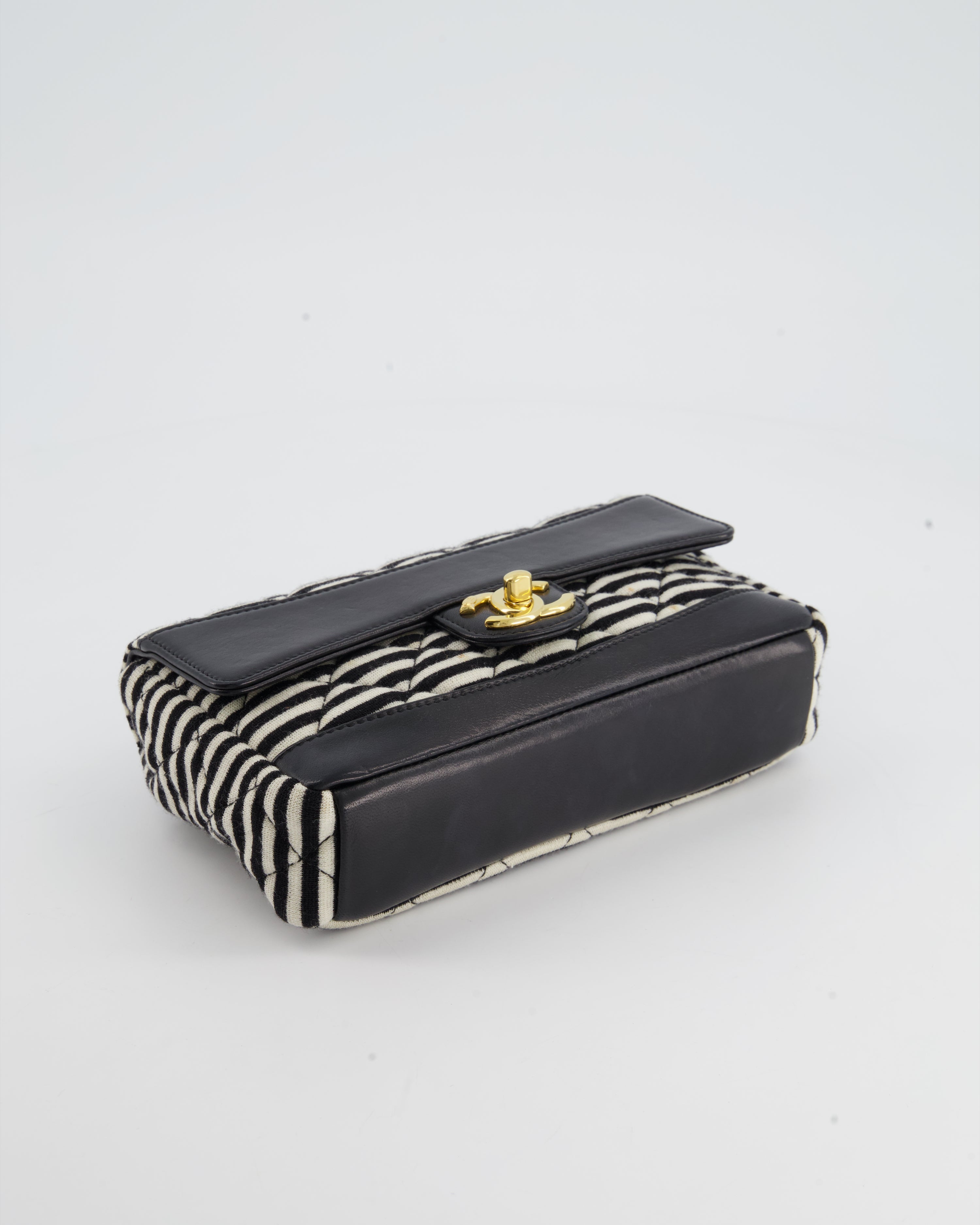 Chanel Black and White Mini Rectangular Jersey Single Flap Bag with Red Chain Detail and Gold Hardware