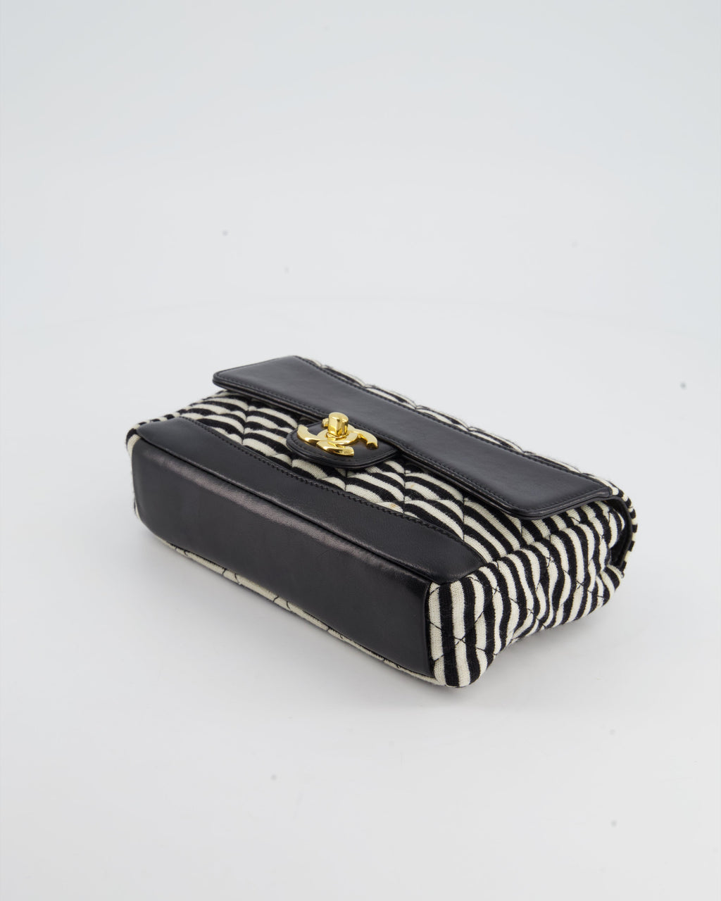 Chanel Black and White Mini Rectangular Jersey Single Flap Bag with Red Chain Detail and Gold Hardware