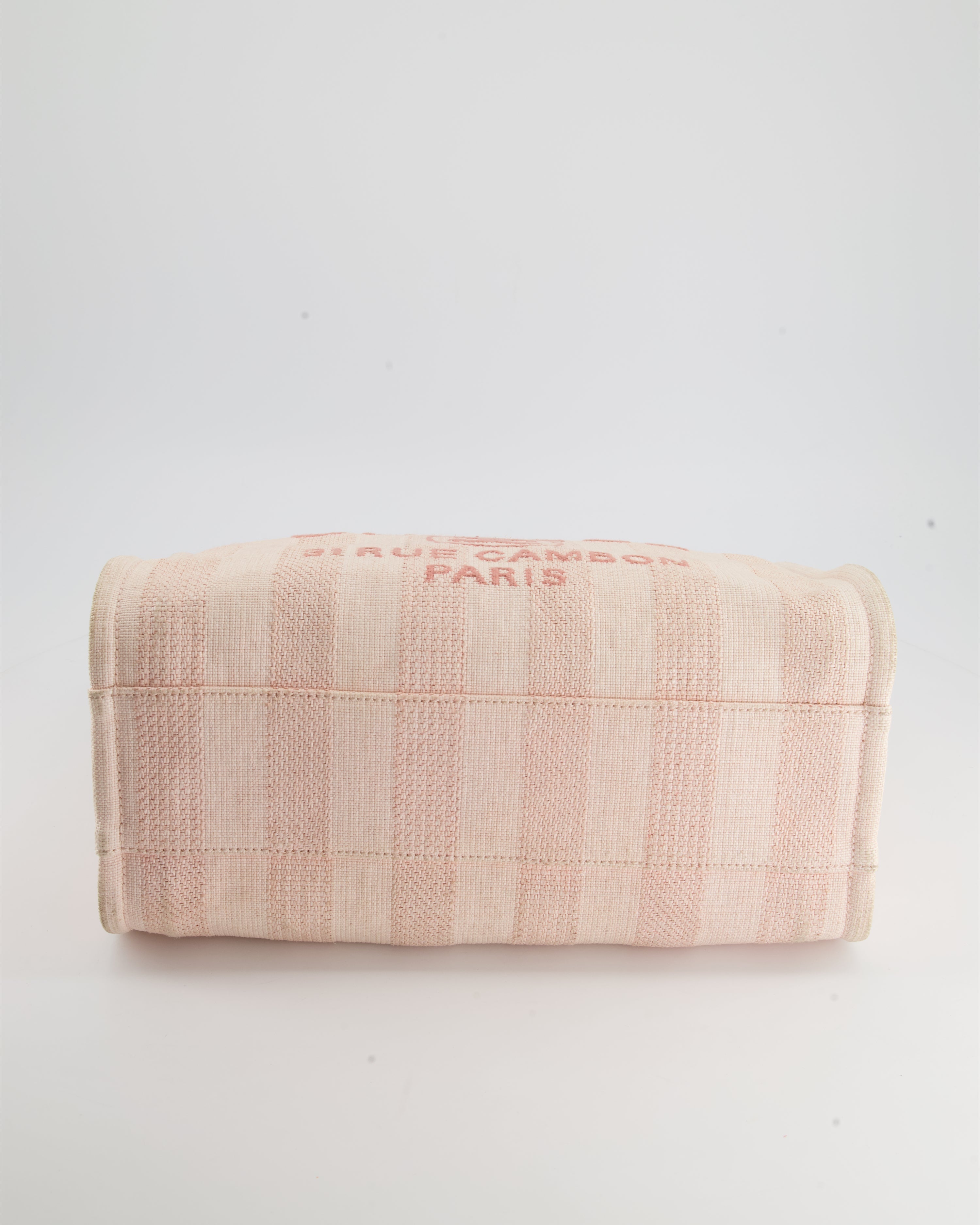 Chanel Small Pink Stripe Canvas Deauville Tote Bag with Logo Print and Champagne Gold Hardware