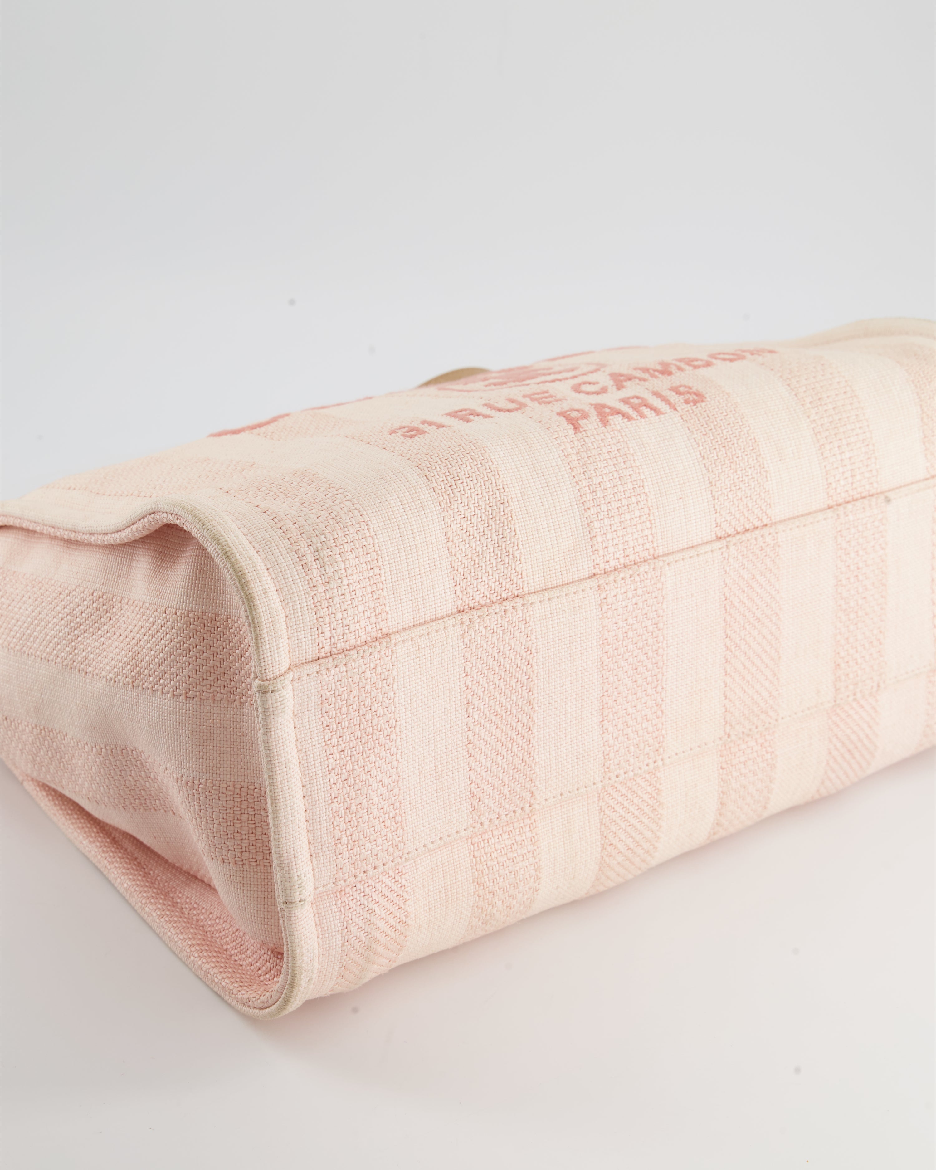Chanel Small Pink Stripe Canvas Deauville Tote Bag with Logo Print and Champagne Gold Hardware