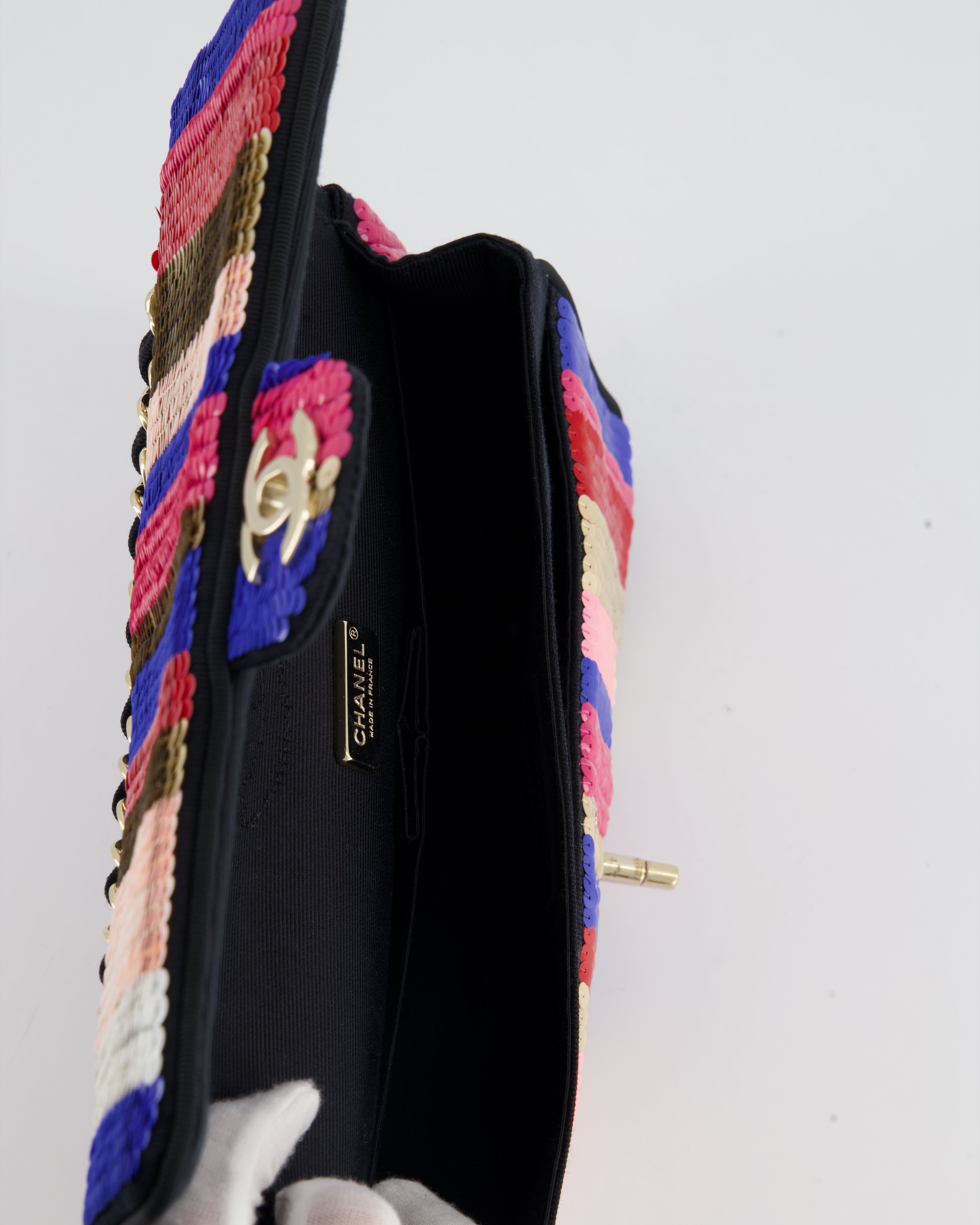Chanel Multi-Colour Sequin Stripe Medium Double Flap Bag with Champagne Gold Hardware