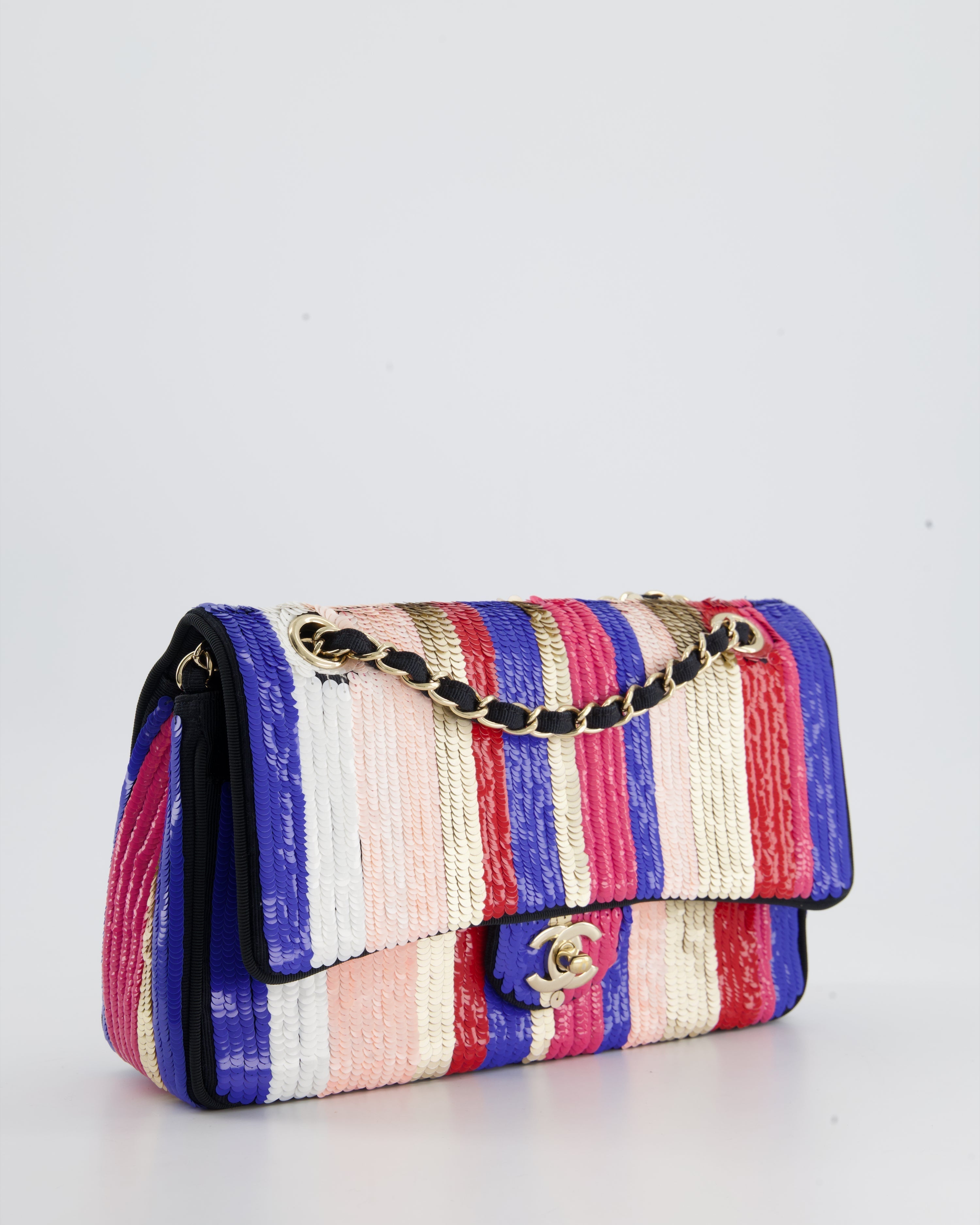 Chanel Multi-Colour Sequin Stripe Medium Double Flap Bag with Champagne Gold Hardware