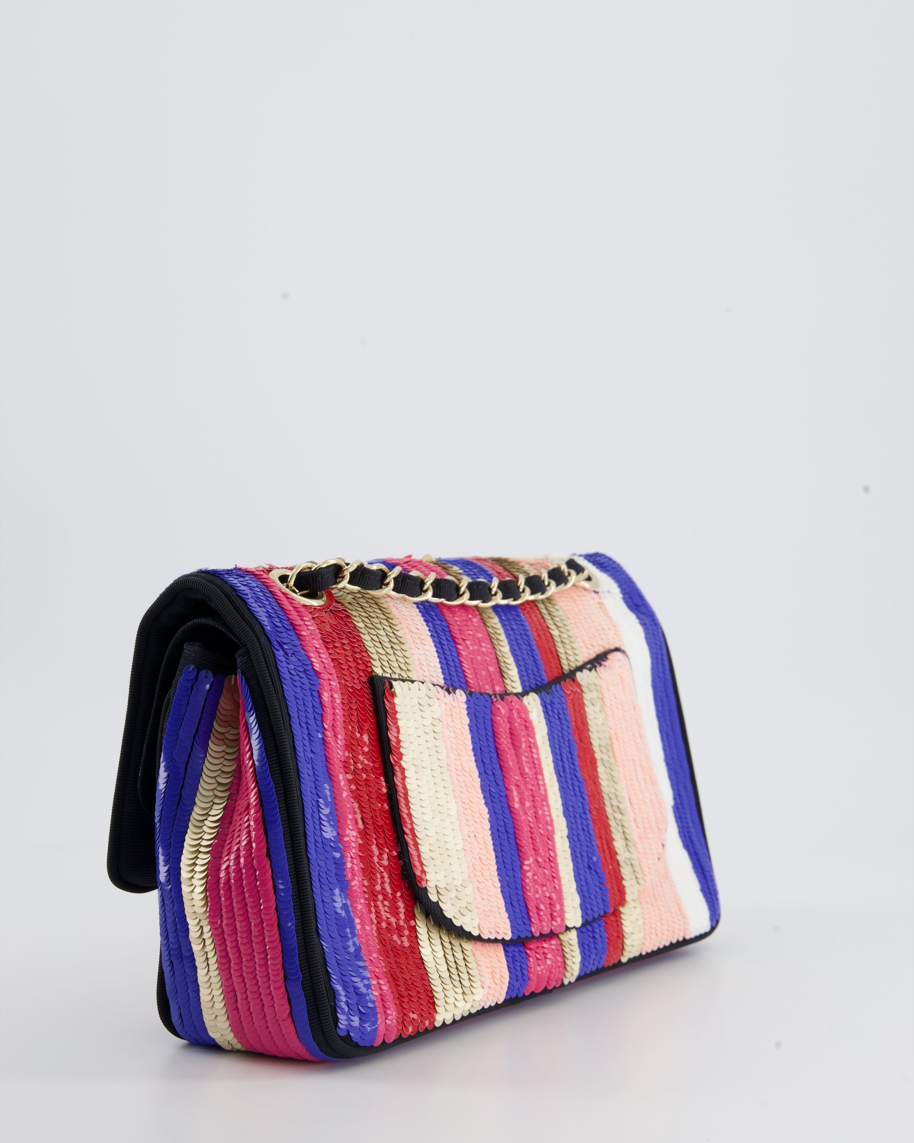 Chanel Multi-Colour Sequin Stripe Medium Double Flap Bag with Champagne Gold Hardware