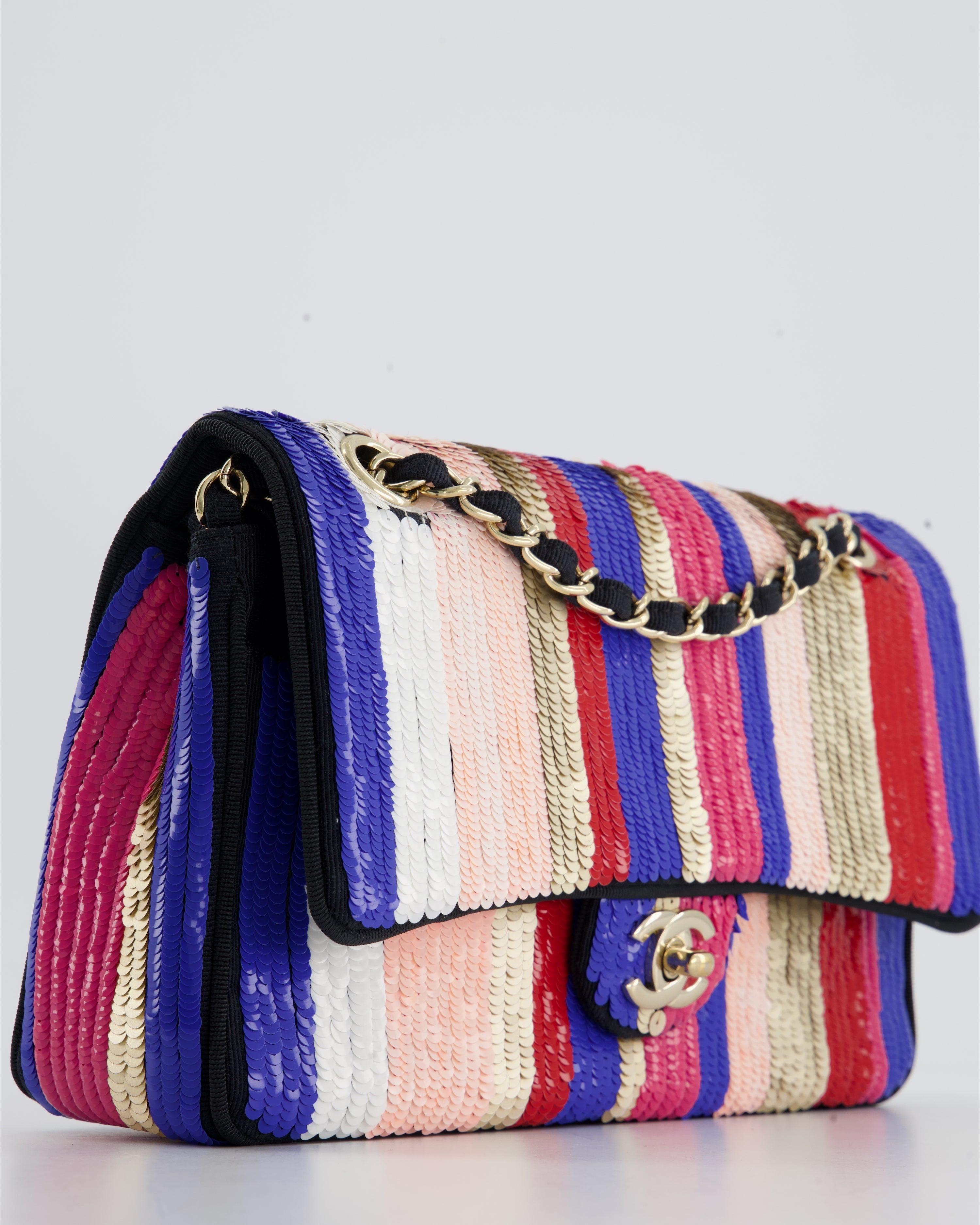 Chanel Multi-Colour Sequin Stripe Medium Double Flap Bag with Champagne Gold Hardware