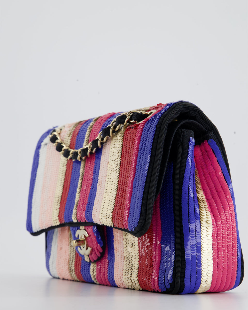 Chanel Multi-Colour Sequin Stripe Medium Double Flap Bag with Champagne Gold Hardware
