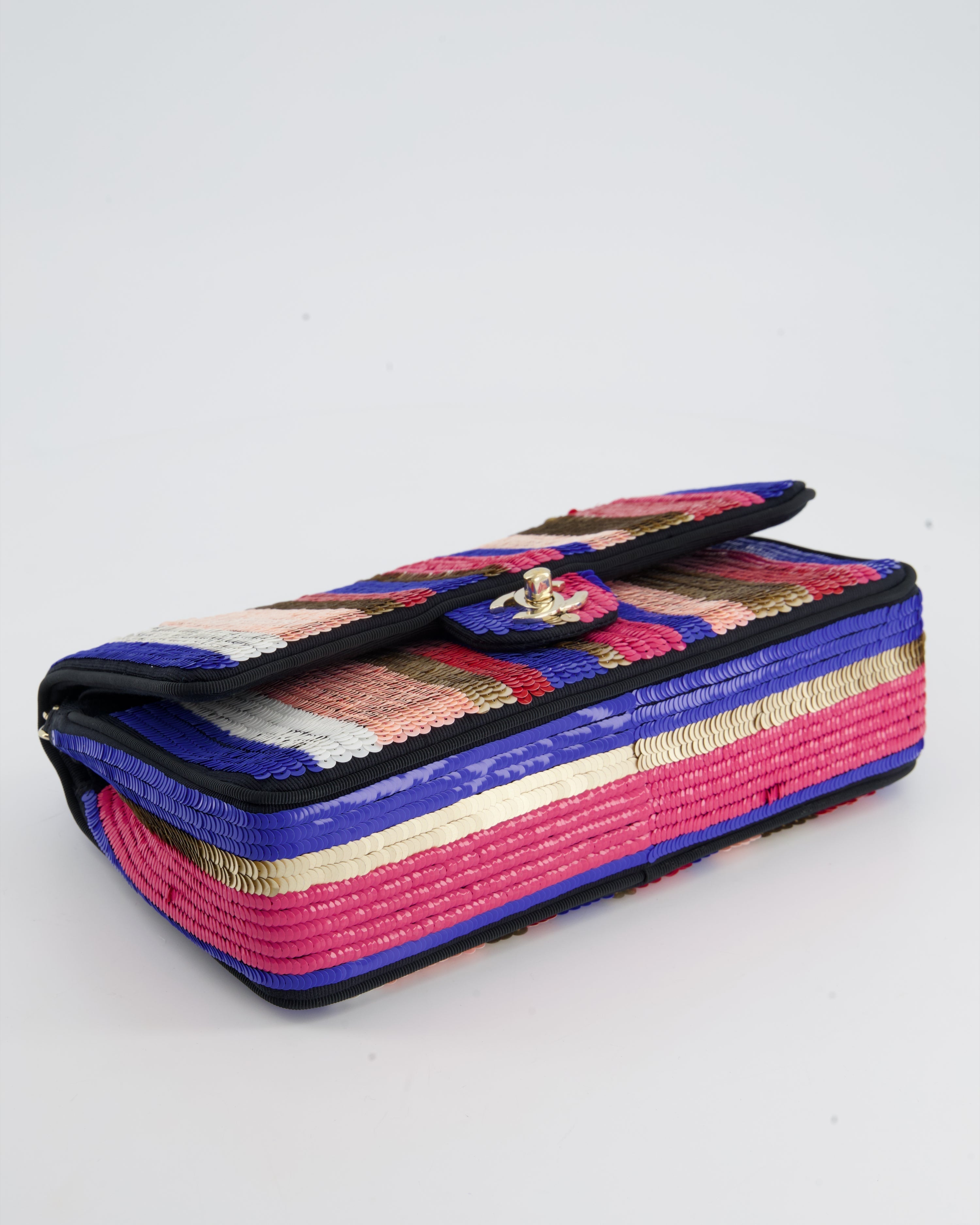 Chanel Multi-Colour Sequin Stripe Medium Double Flap Bag with Champagne Gold Hardware
