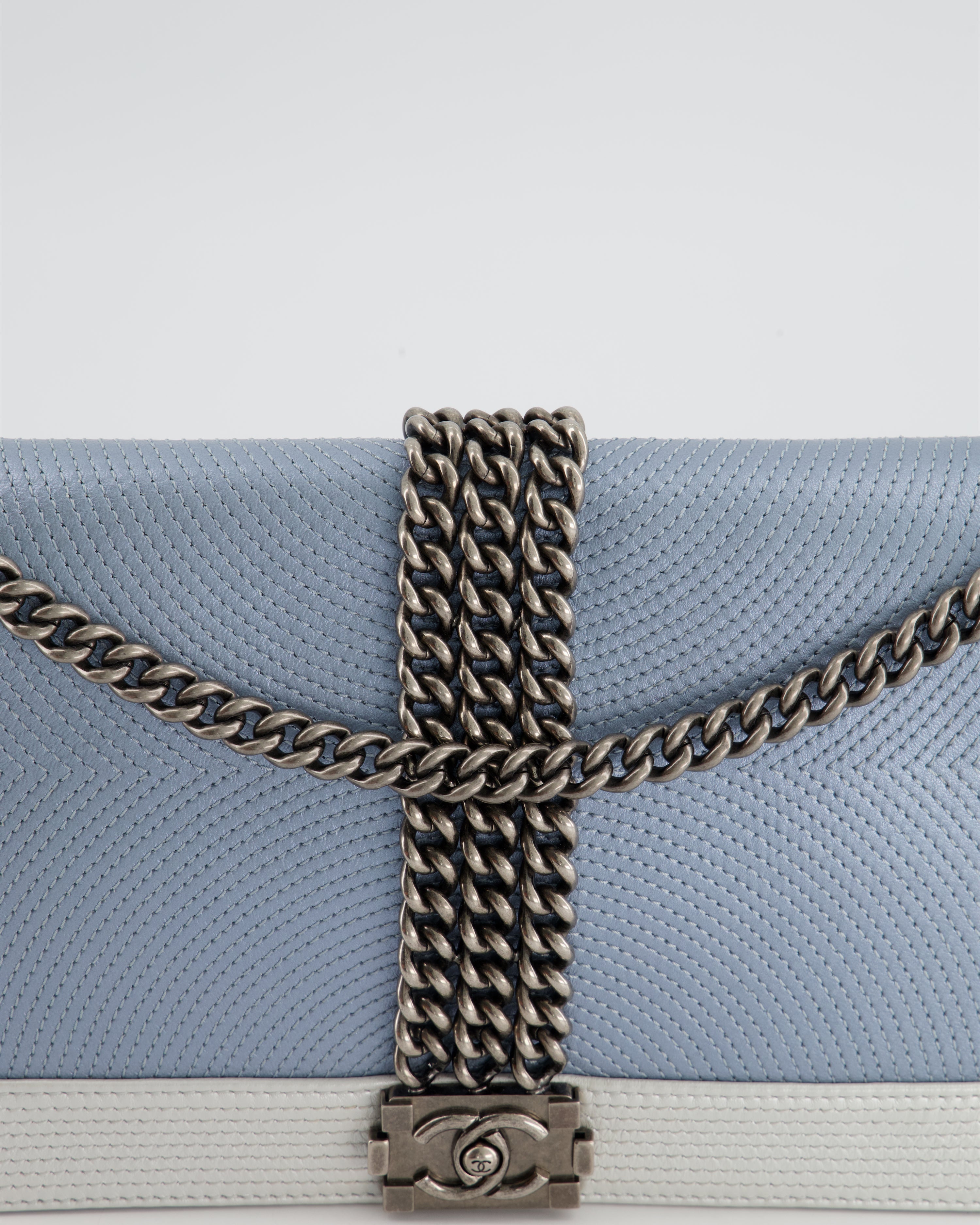 Chanel Metallic Baby Blue with Chain Detail Rock Boy Bag with Gunmetal Hardware Bag
