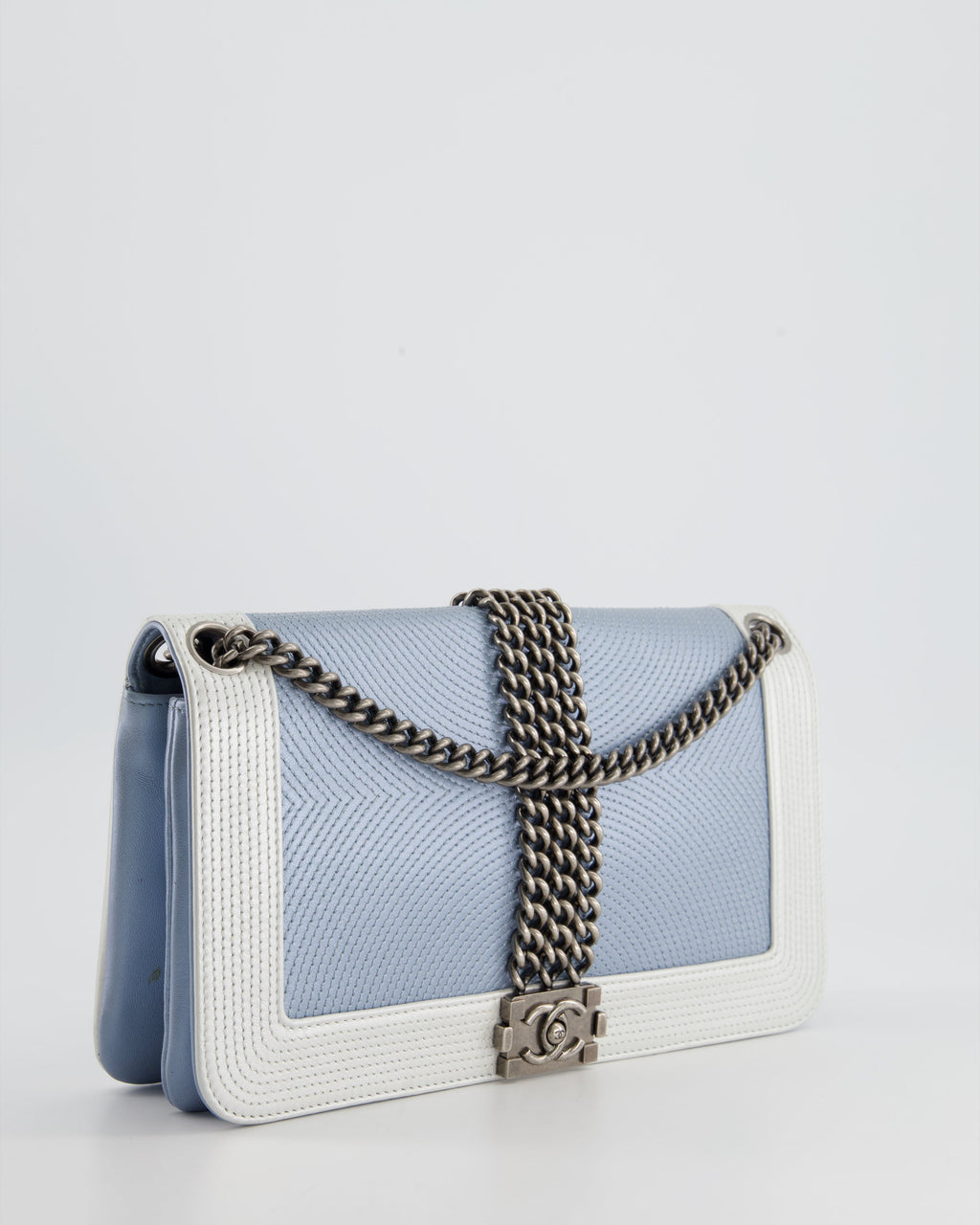 Chanel Metallic Baby Blue with Chain Detail Rock Boy Bag with Gunmetal Hardware Bag
