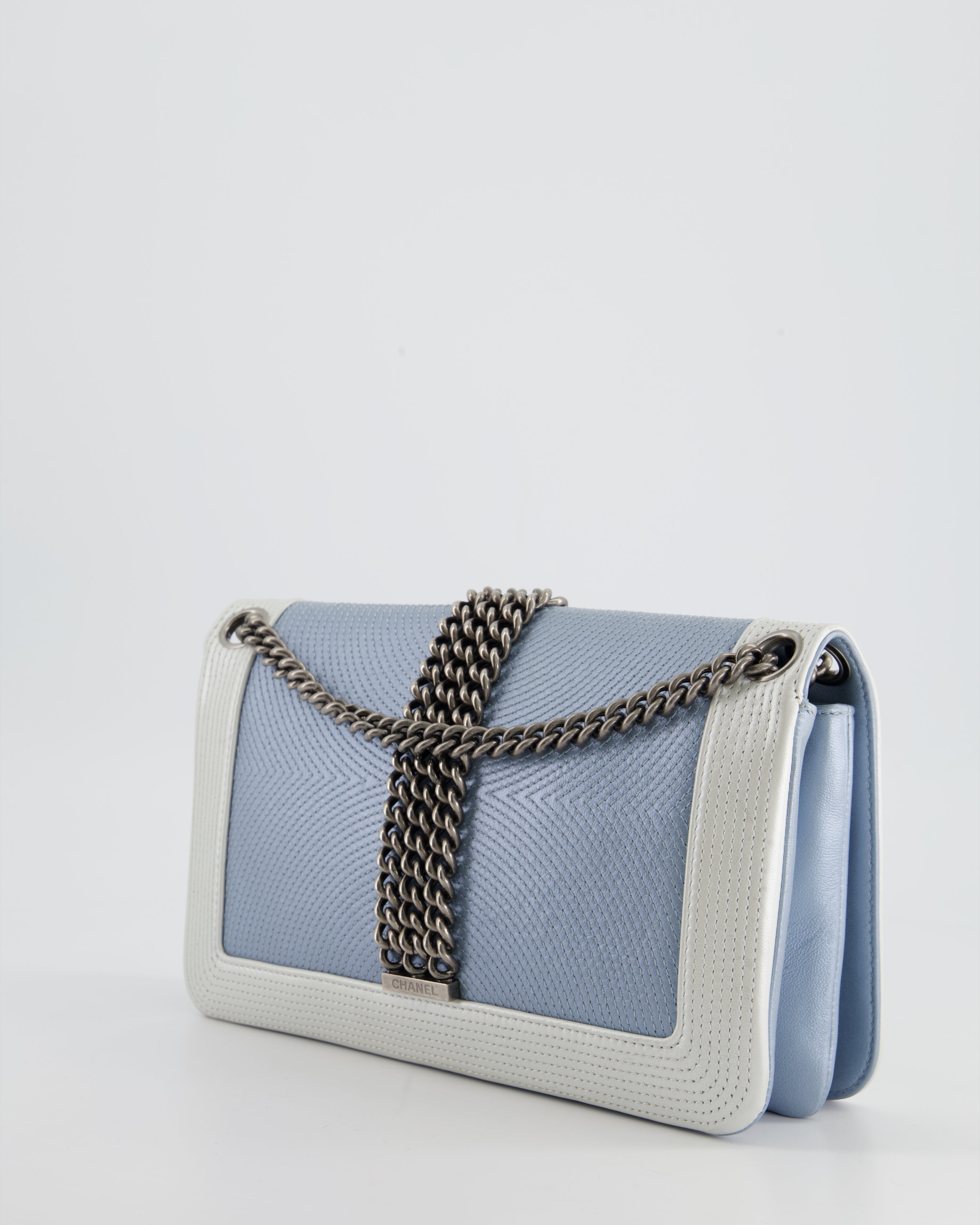 Chanel Metallic Baby Blue with Chain Detail Rock Boy Bag with Gunmetal Hardware Bag