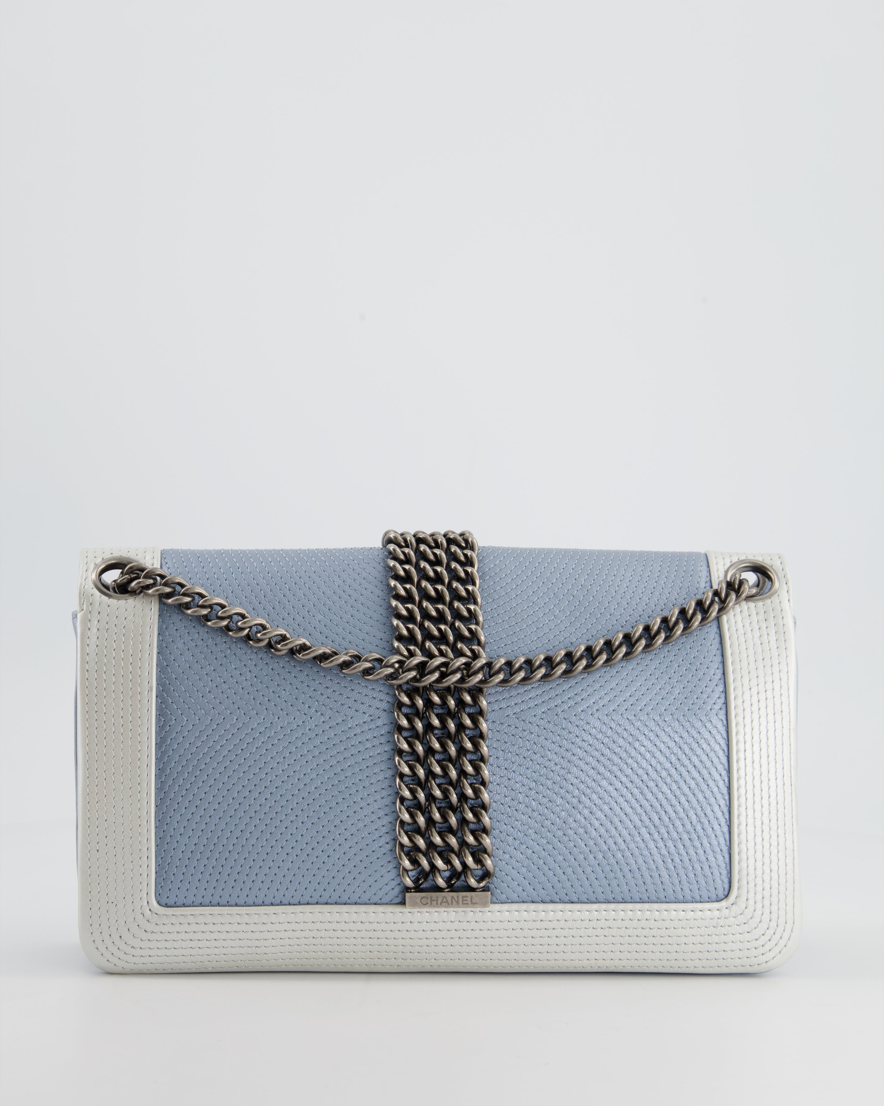 Chanel Metallic Baby Blue with Chain Detail Rock Boy Bag with Gunmetal Hardware Bag