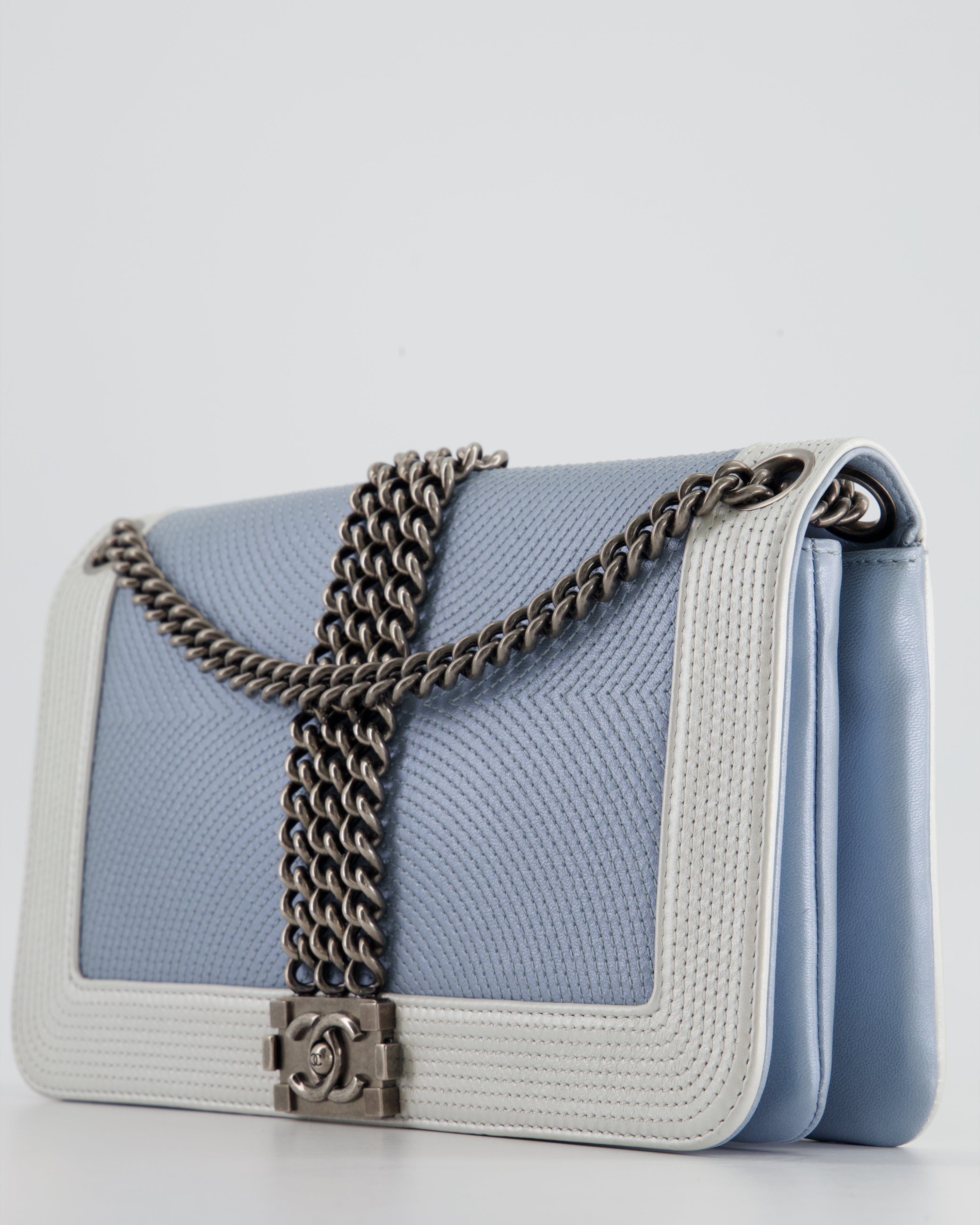 Chanel Metallic Baby Blue with Chain Detail Rock Boy Bag with Gunmetal Hardware Bag