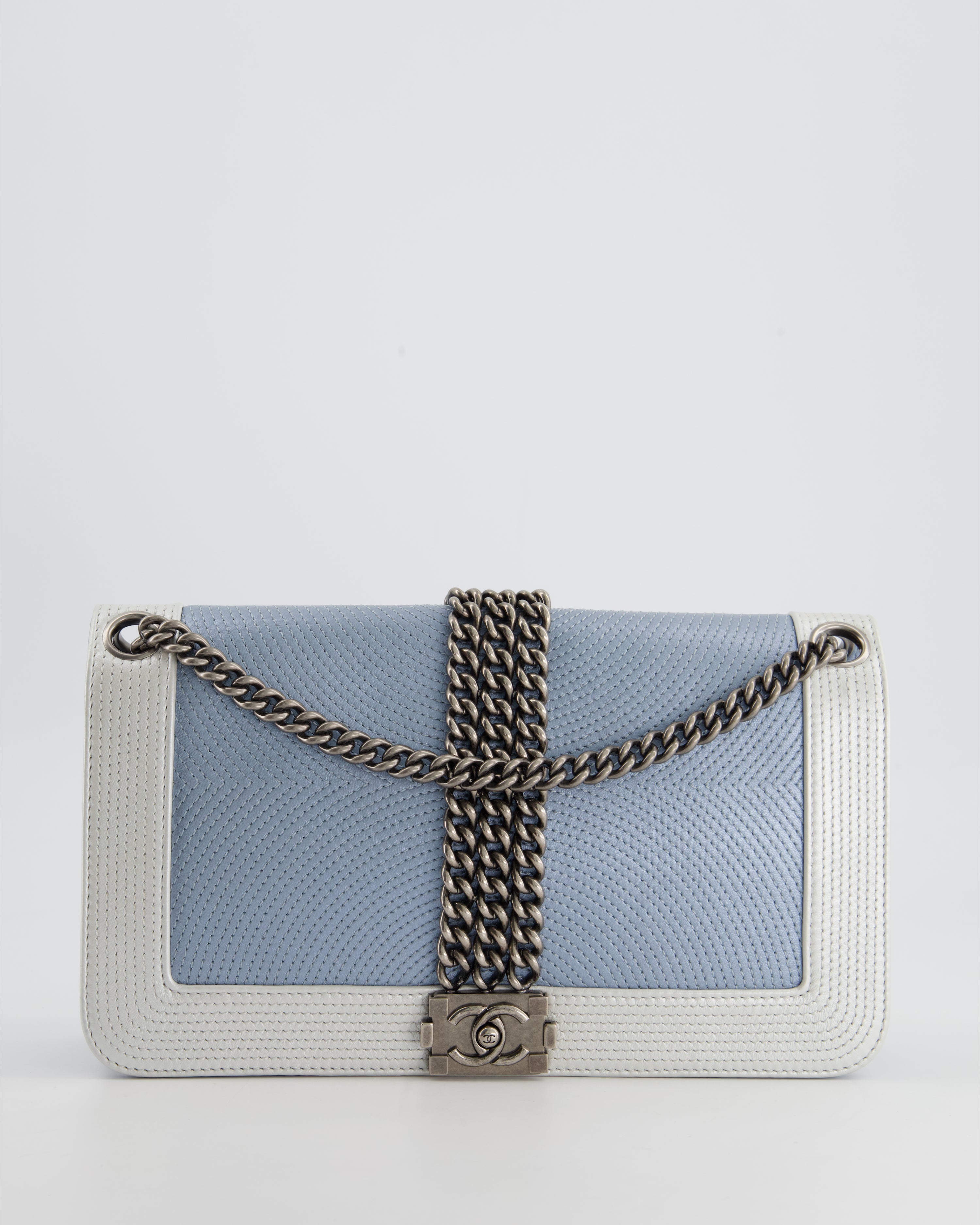Chanel Metallic Baby Blue with Chain Detail Rock Boy Bag with Gunmetal Hardware Bag